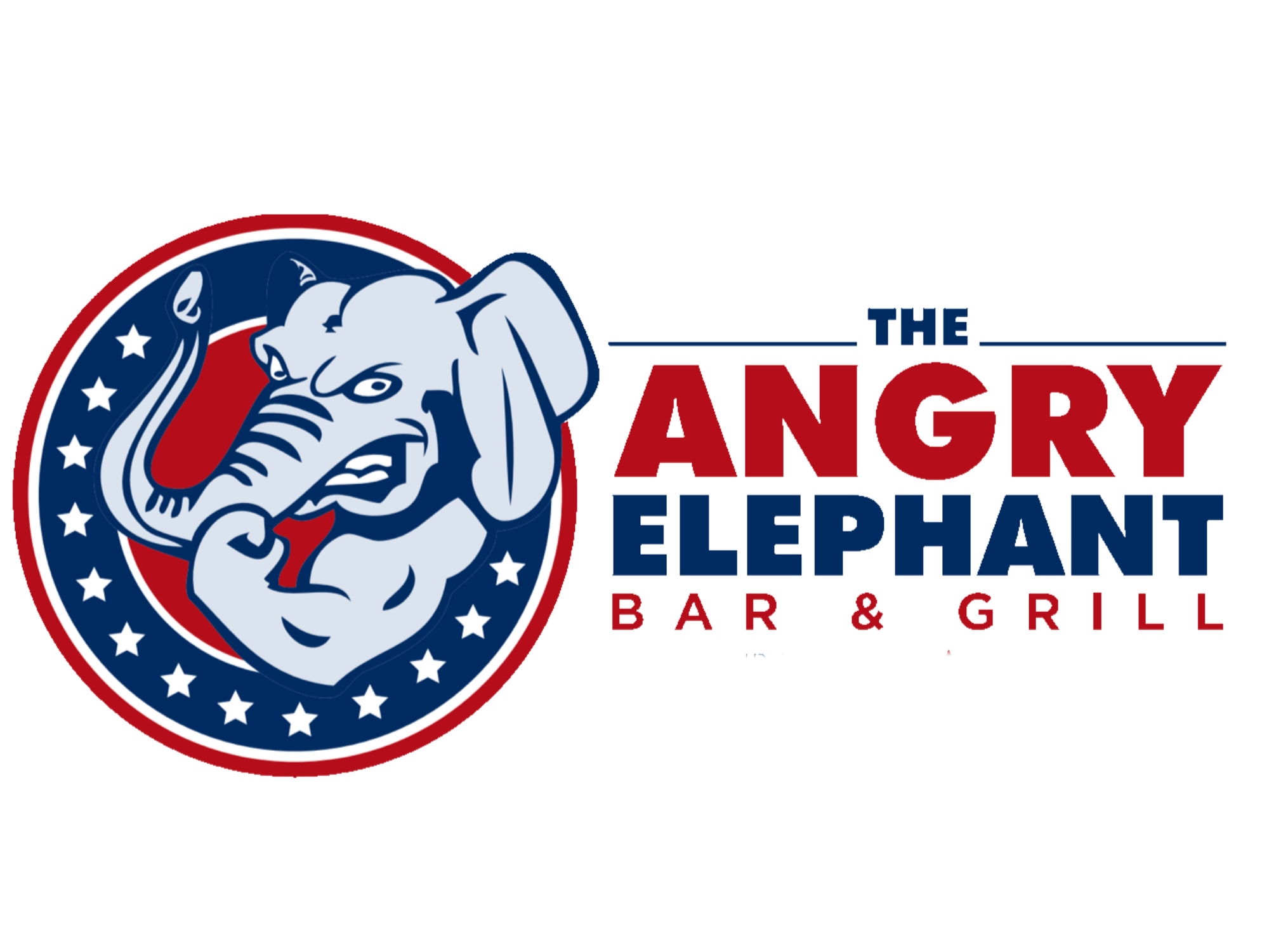 Logo for the movie 'The Angry Elephant' featuring an angry, muscular elephant head with a clenched trunk, surrounded by a circle of stars, with the movie title in red and blue text.
