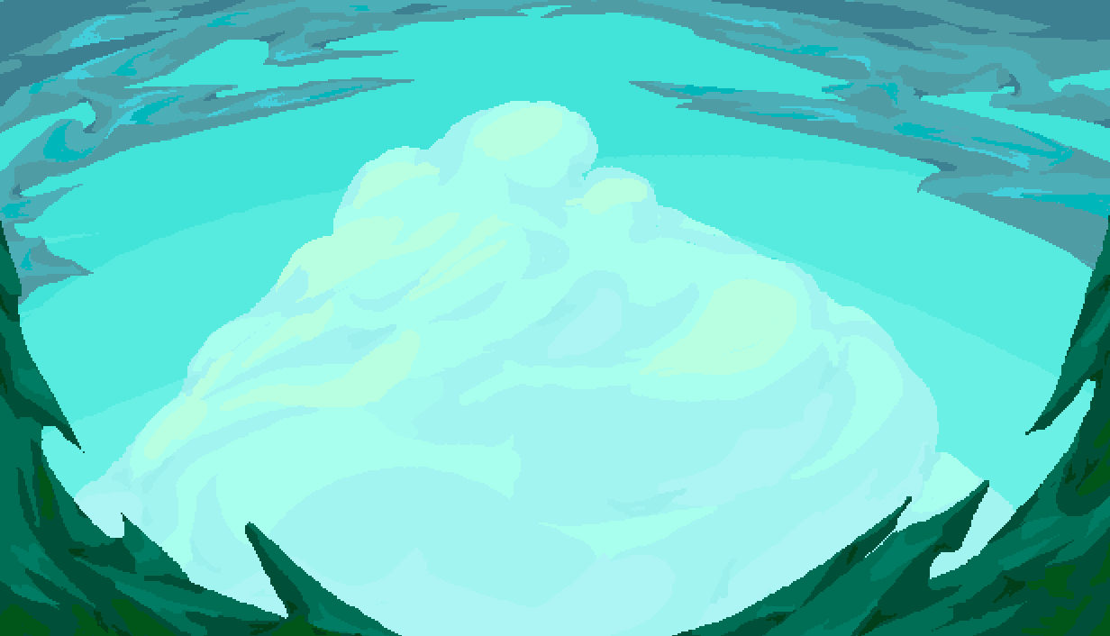 A digital painting of a large erupting volcano with a cloud of ash and smoke rising from the crater, surrounded by dark green forest, under a cloudy sky.