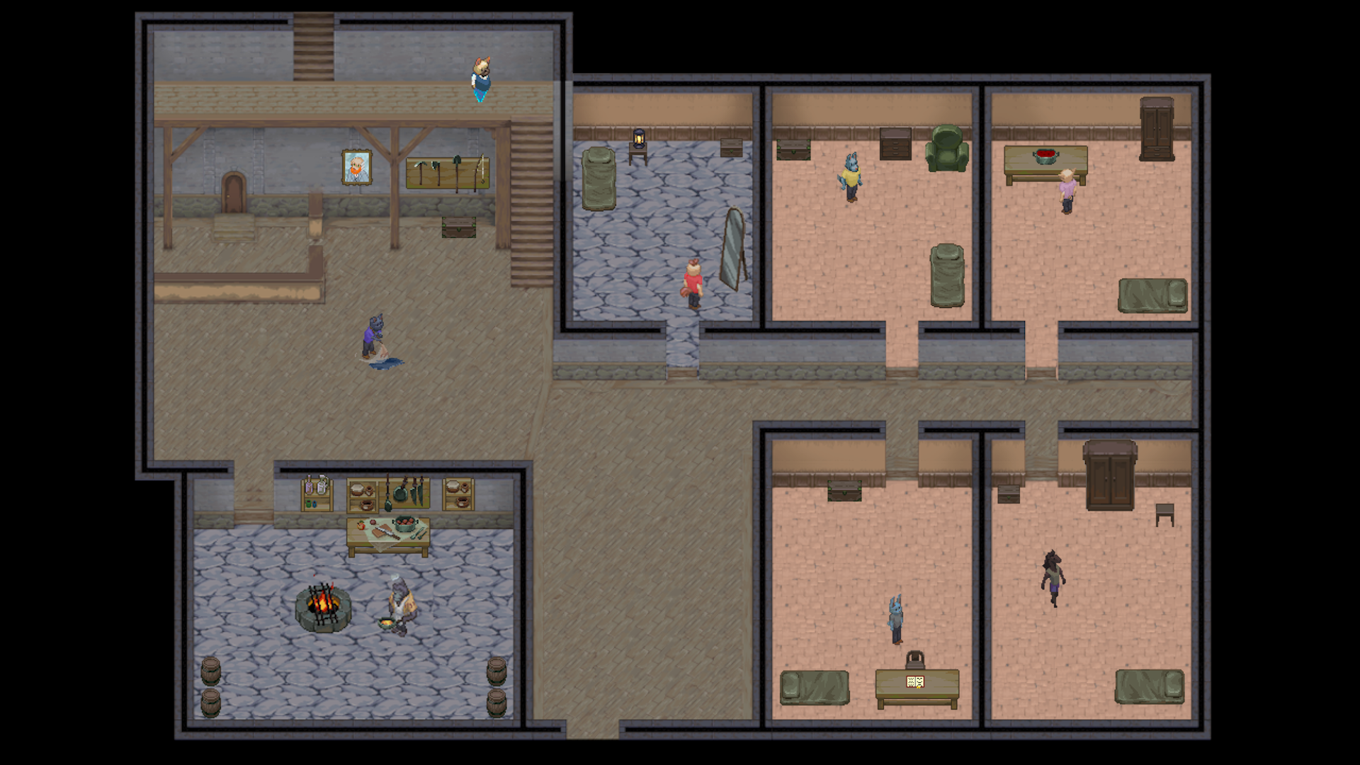 A top-down view of a pixel art-style indoor scene with multiple rooms connected by hallways, including a main hall, a kitchen, bedrooms, and a bathroom. There are characters and furniture throughout.