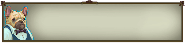 A cartoon illustration of a French Bulldog dressed in a tuxedo with a bow tie, positioned on the left side of a blank, ornate beige and purple banner.