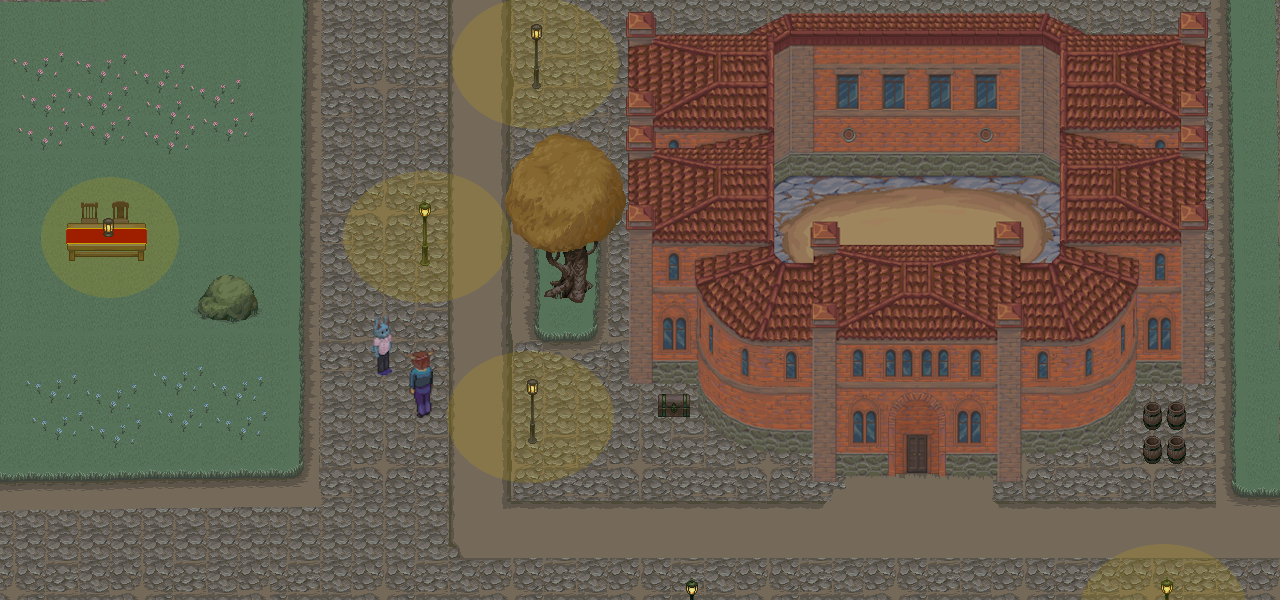 Pixel art scene of a castle with a red brick exterior, surrounded by trees, lamp posts, and barrels. Two characters are standing on the cobblestone pathway near a fountain. There's a grassy area with pink flowers on the left.