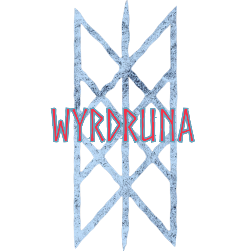 A stylized symbol resembling a runic or Nordic design, with the word 'WYRD RUNA' written across it in red and blue text on a black background.