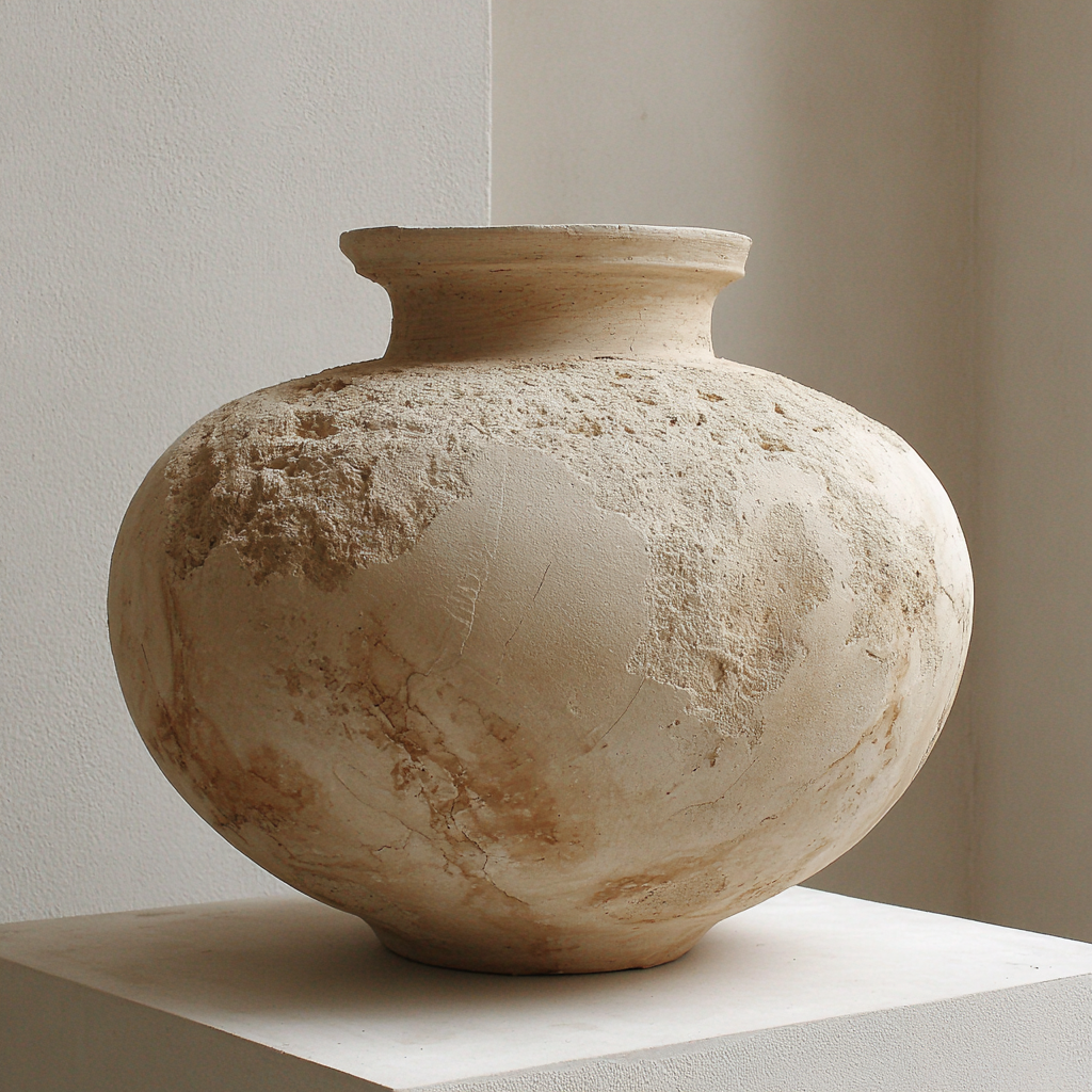 An ancient, weathered stone or ceramic vase with a wide round body, narrow neck, and flat rim placed on a white pedestal in a neutral setting.