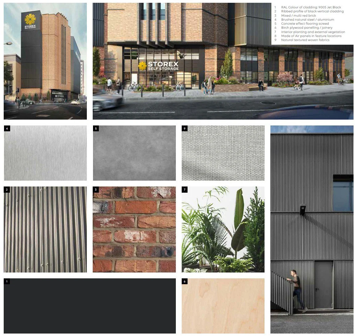 Facade of a modern commercial building with brick and black vertical cladding, with a storefront sign reading 'STOREX Self Storage'. The building features various exterior design elements including corrugated metal siding, brick, and textured fabric panels. Pedestrians and bicycles are on the sidewalk, and a woman is walking near the building.
