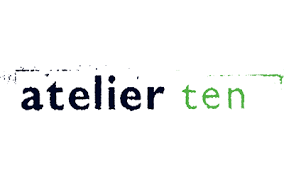 Text that reads 'atelier ten' with 'atelier' in black and 'ten' in green, on a white background.