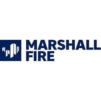 Marshall Fire logo with blue text and icon of stylized flames or buildings.