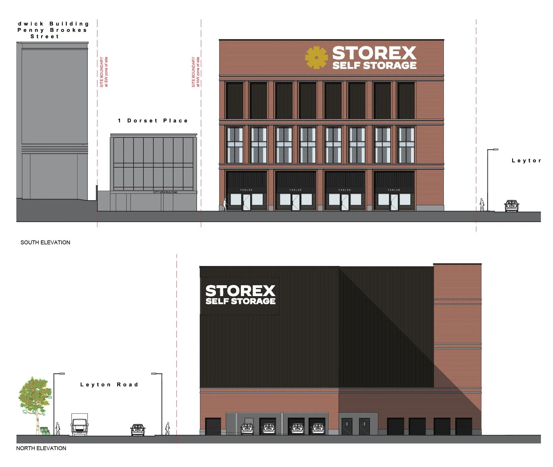 Architectural drawings of a self-storage building, showing south and north elevation views. The south elevation features a brick facade with a large sign reading 'STOREX SELF STORAGE', multiple floors, and garage doors. The north elevation shows a darker facade with the same large sign, garage entrances, and a street view with cars and pedestrians.