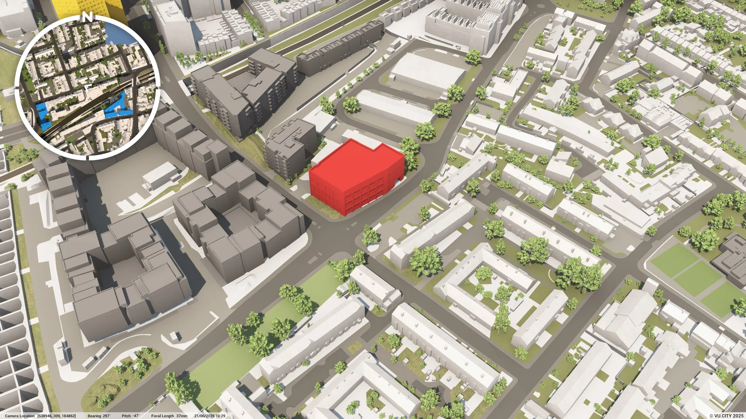 3D city map highlighting a red building among gray and white structures, with surrounding streets and greenery.