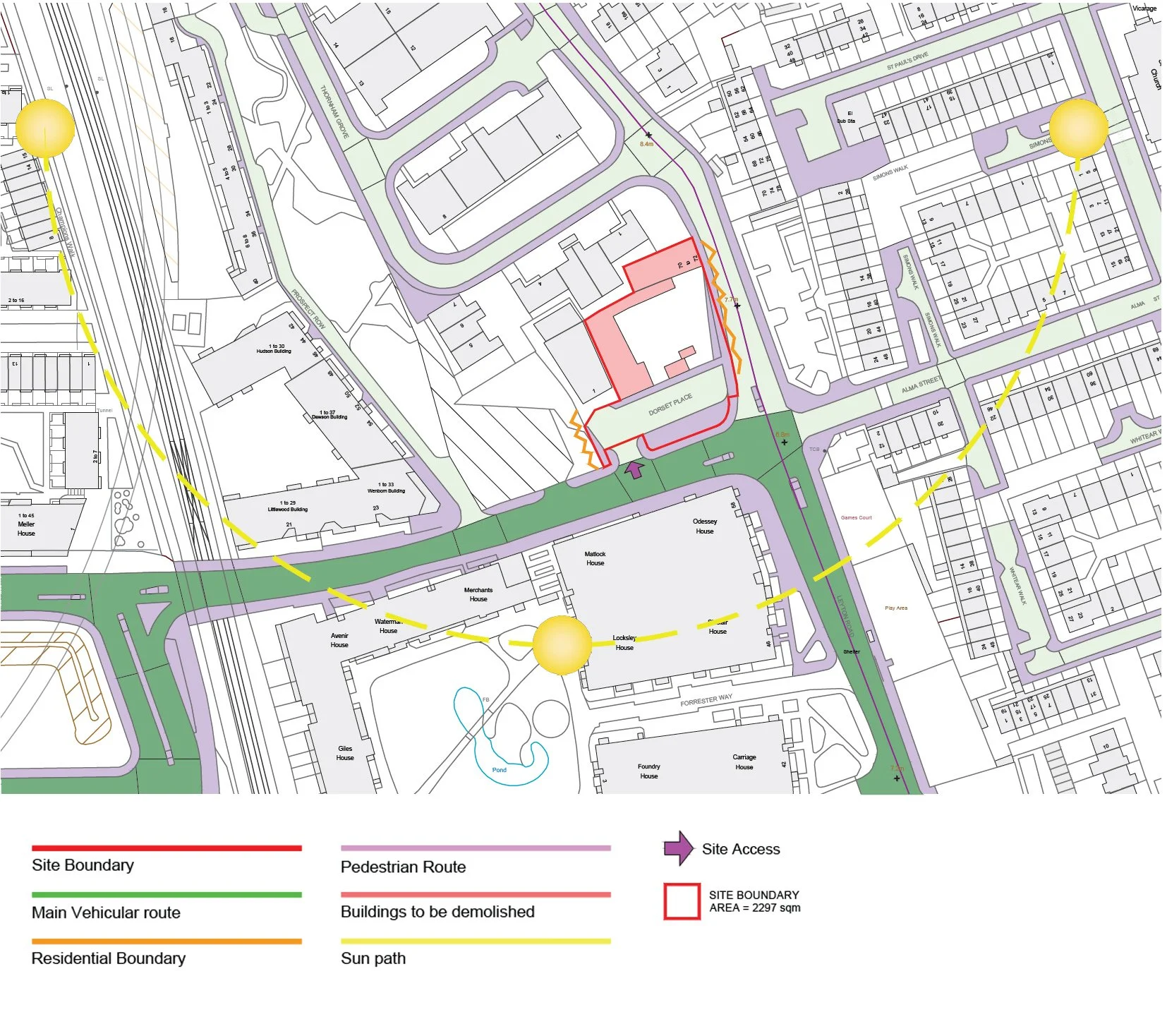 Map showing a site plan with boundaries, pedestrian routes, vehicular routes, buildings to be demolished, and sun paths. The site boundary area is 2,297 sqm, with site access marked by purple arrows. Buildings to be demolished are outlined in red, and the sun path is indicated with yellow lines.