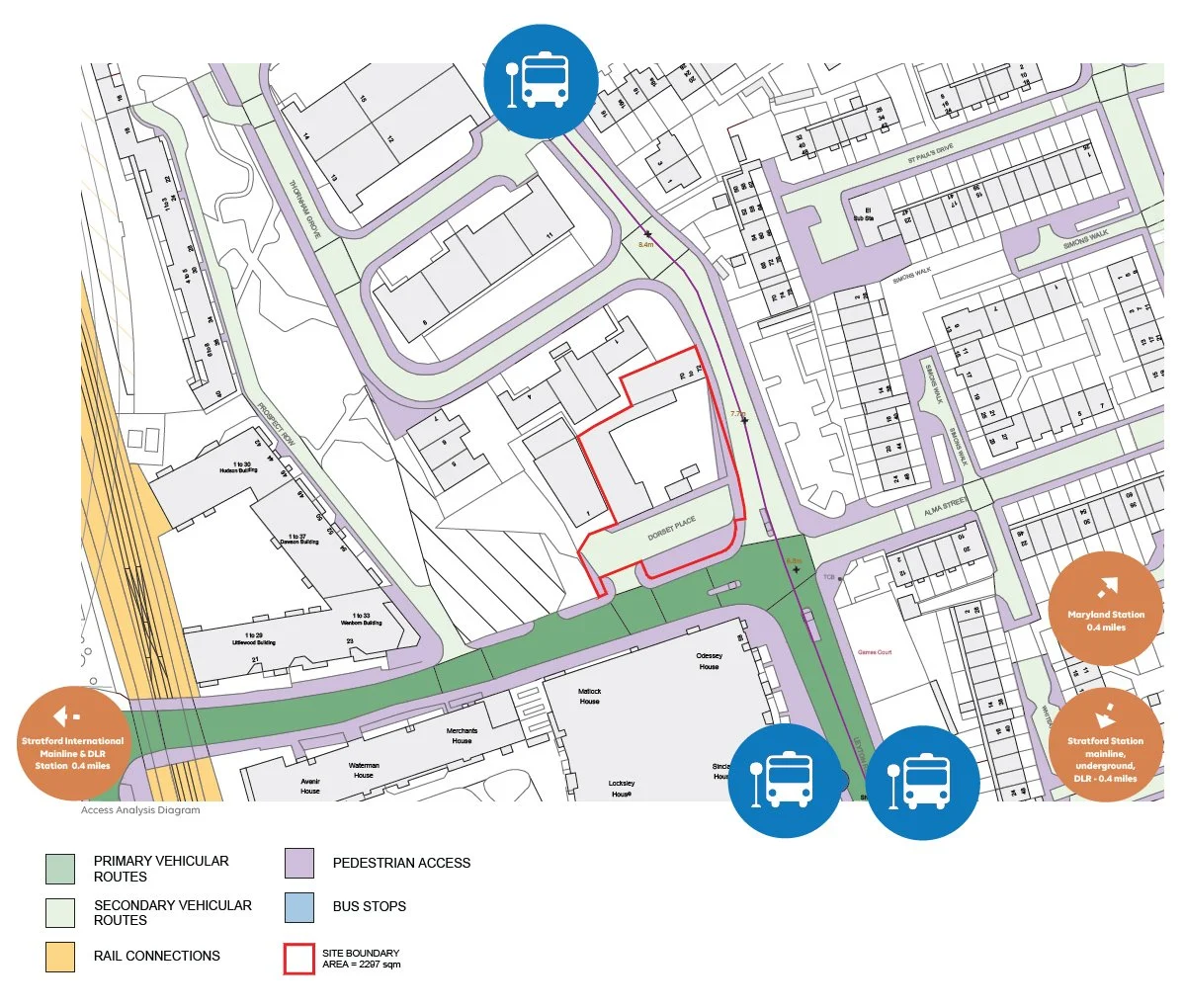 Map showing primary and secondary vehicle routes, pedestrian access, bus stops, rail connections, site boundary outline, and nearby stations in an urban area.