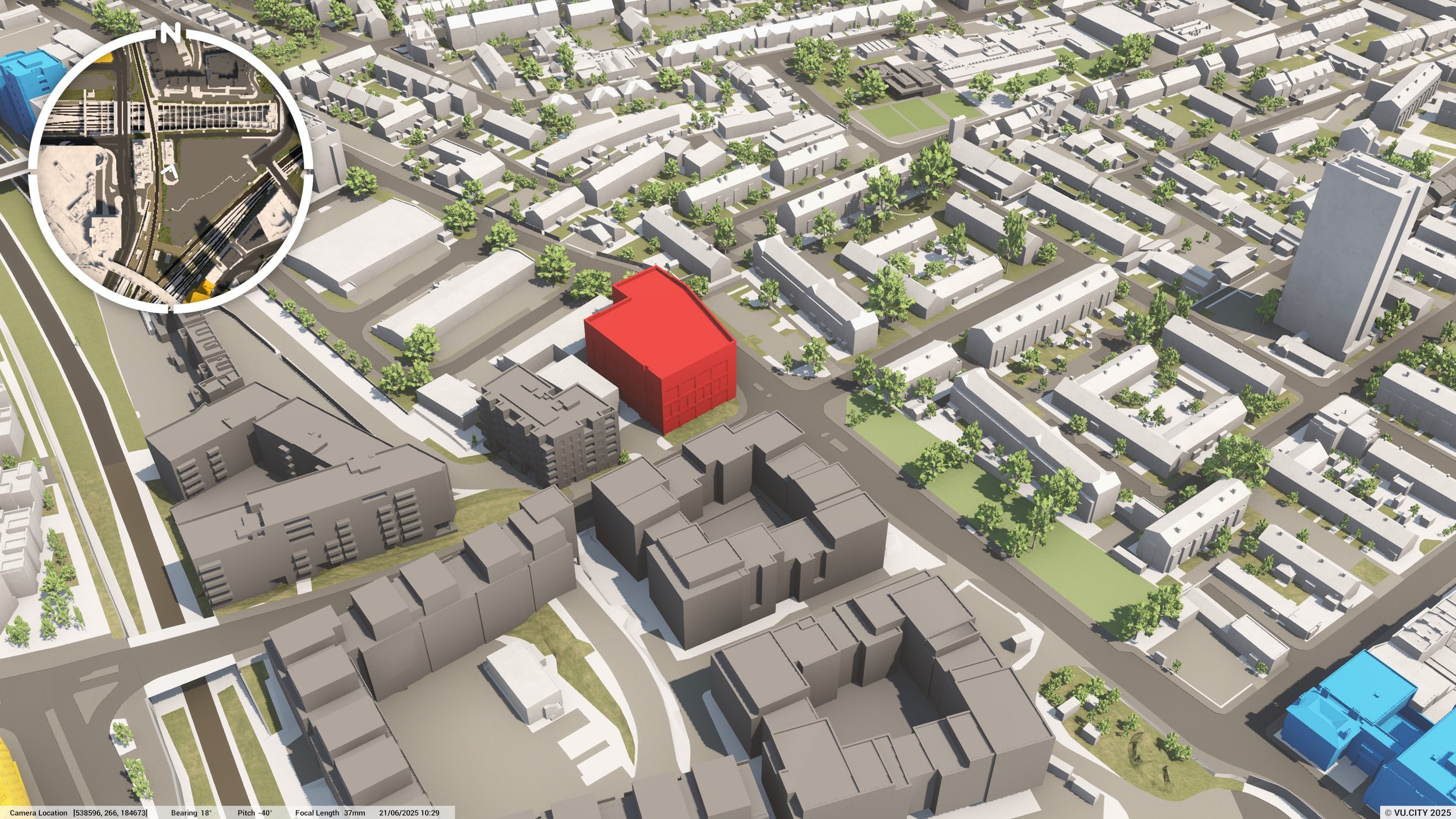 3D digital map of an urban area showing buildings, streets, and green spaces with a highlighted red building, a blue building, and a circular inset map in the top left corner for location reference.