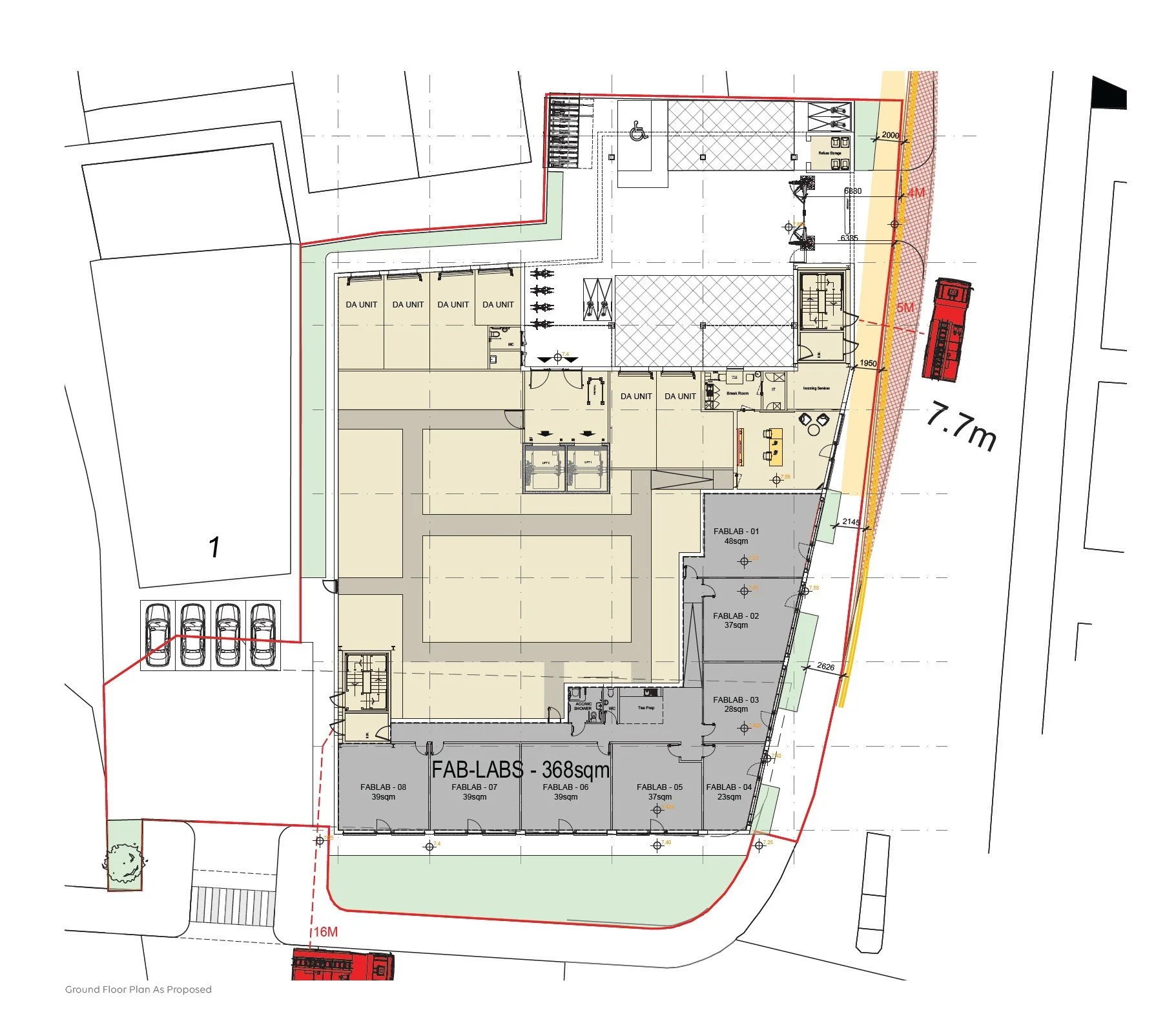 Architectural ground floor plan of a building with parking spaces, several rooms labeled 'FAB LAB,' and various outdoor features including a path and a fire truck.
