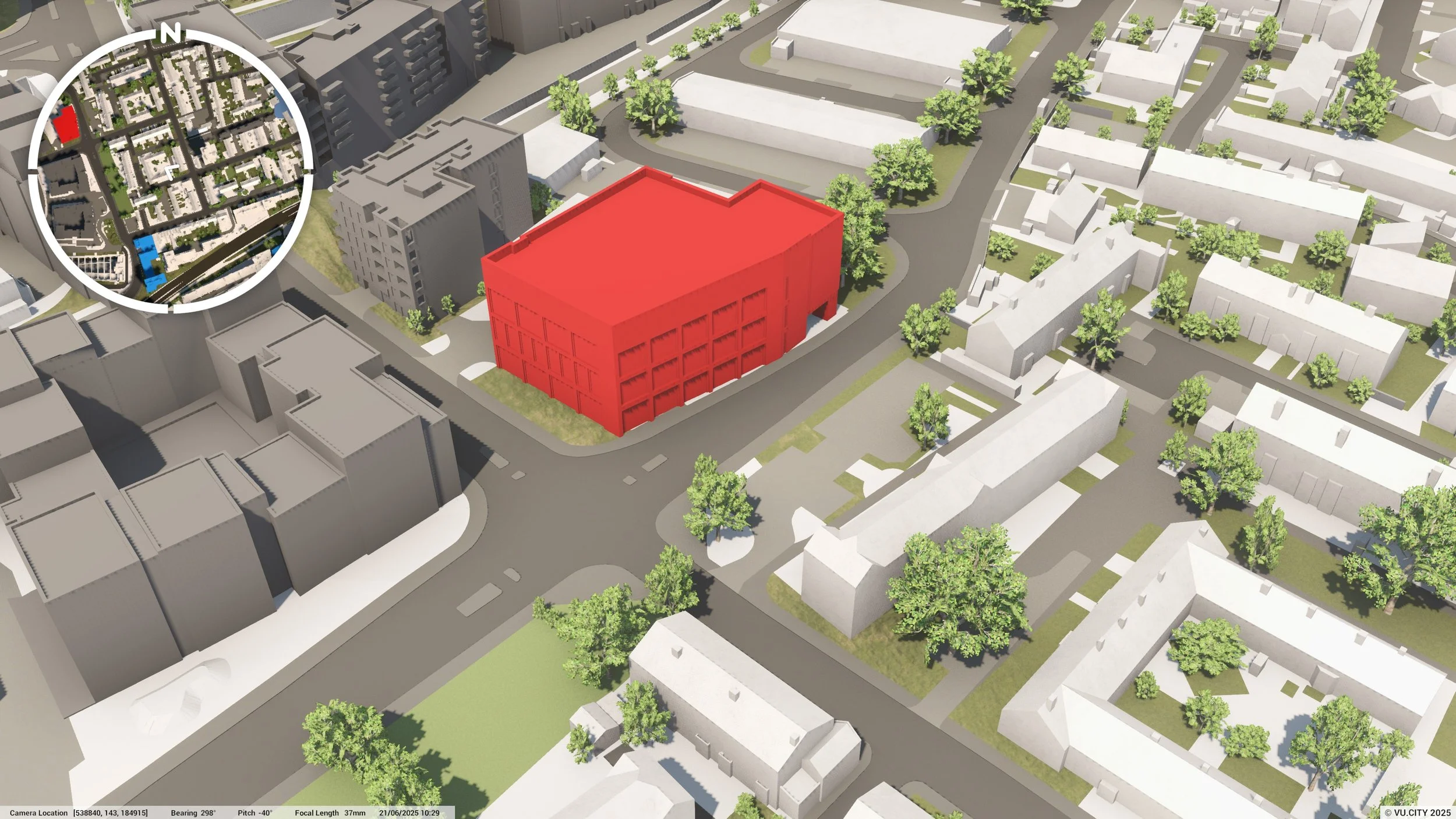 A 3D cityscape rendering with a red building at the center, surrounded by residential houses, trees, and streets, with a small inset map showing the location.