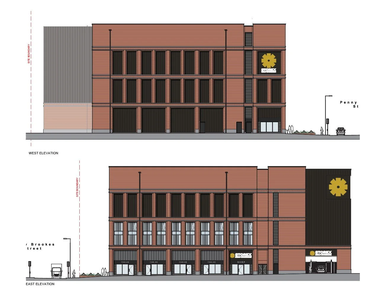 Architectural elevation drawings of a multi-story brick commercial building, showing west and east sides, including storefronts, signage, and surrounding street elements.