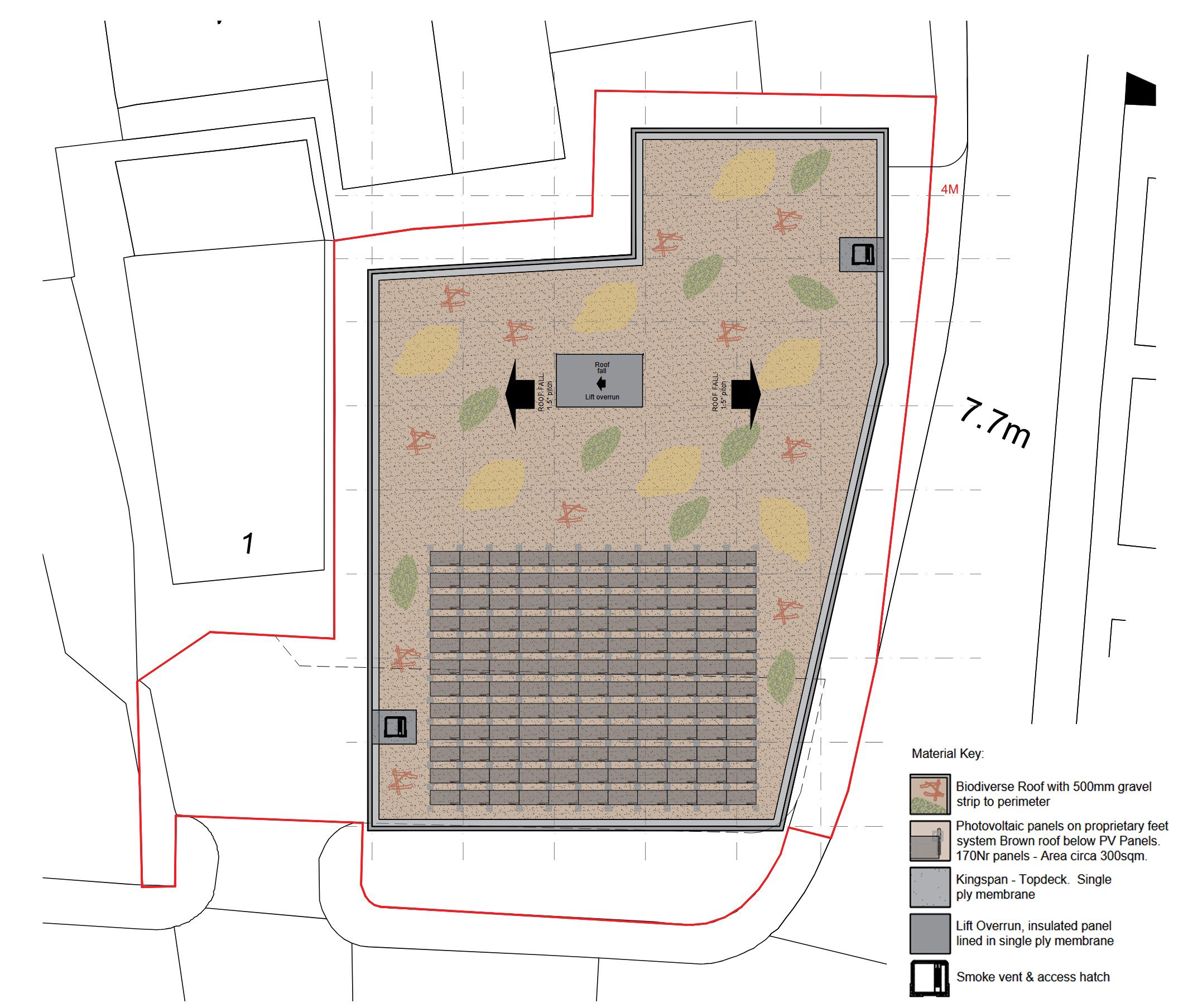 A building roof plan showing solar panels, a biodiverse gravel roof with plants, a lift overrun, smoke vent, access hatch, and roof fall indicators, with measurements of 7.7 meters by 4 meters.
