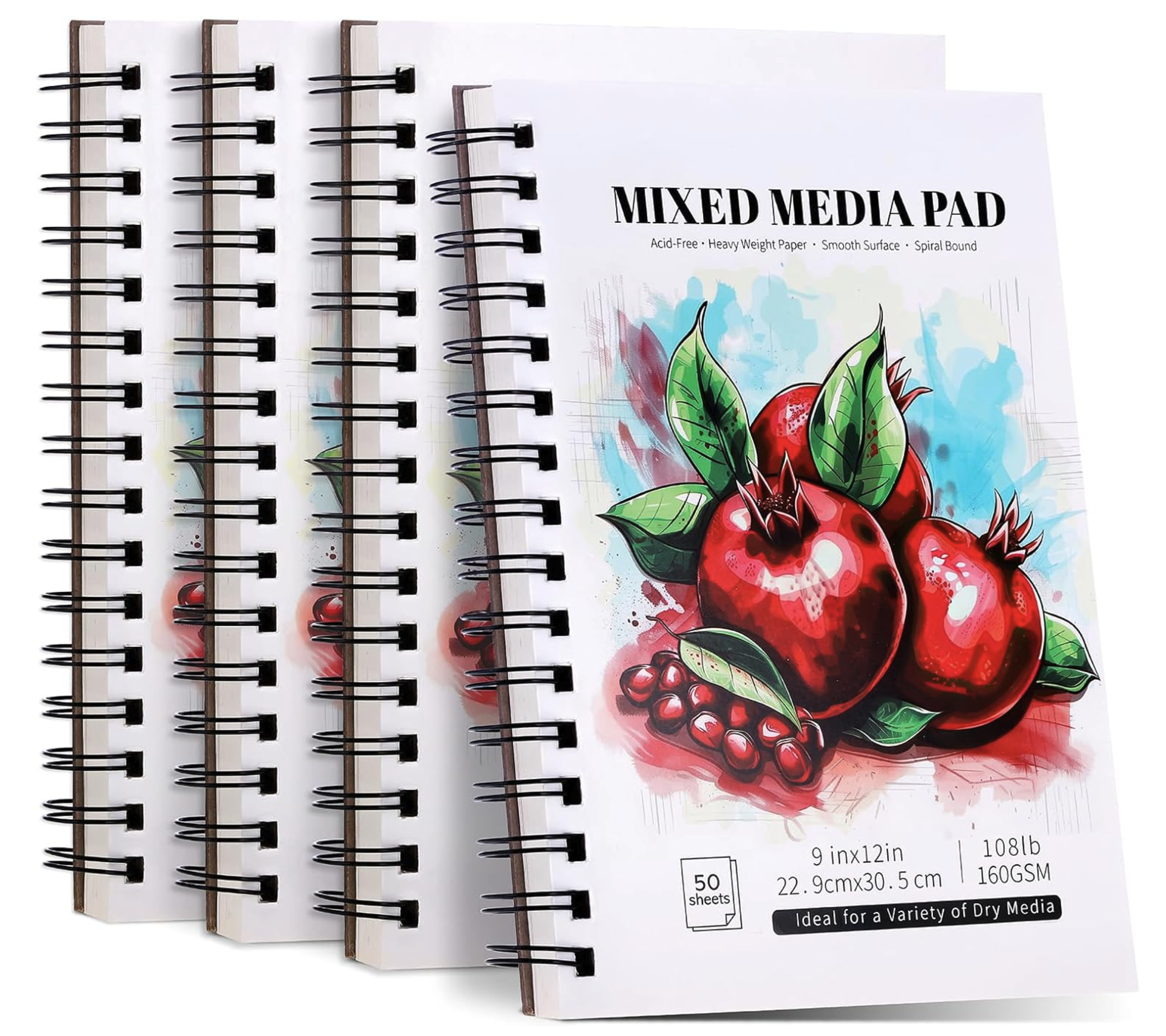 Multiple sketchbooks with black spiral bindings and a printing pad featuring a colorful illustration of red berries and green leaves.