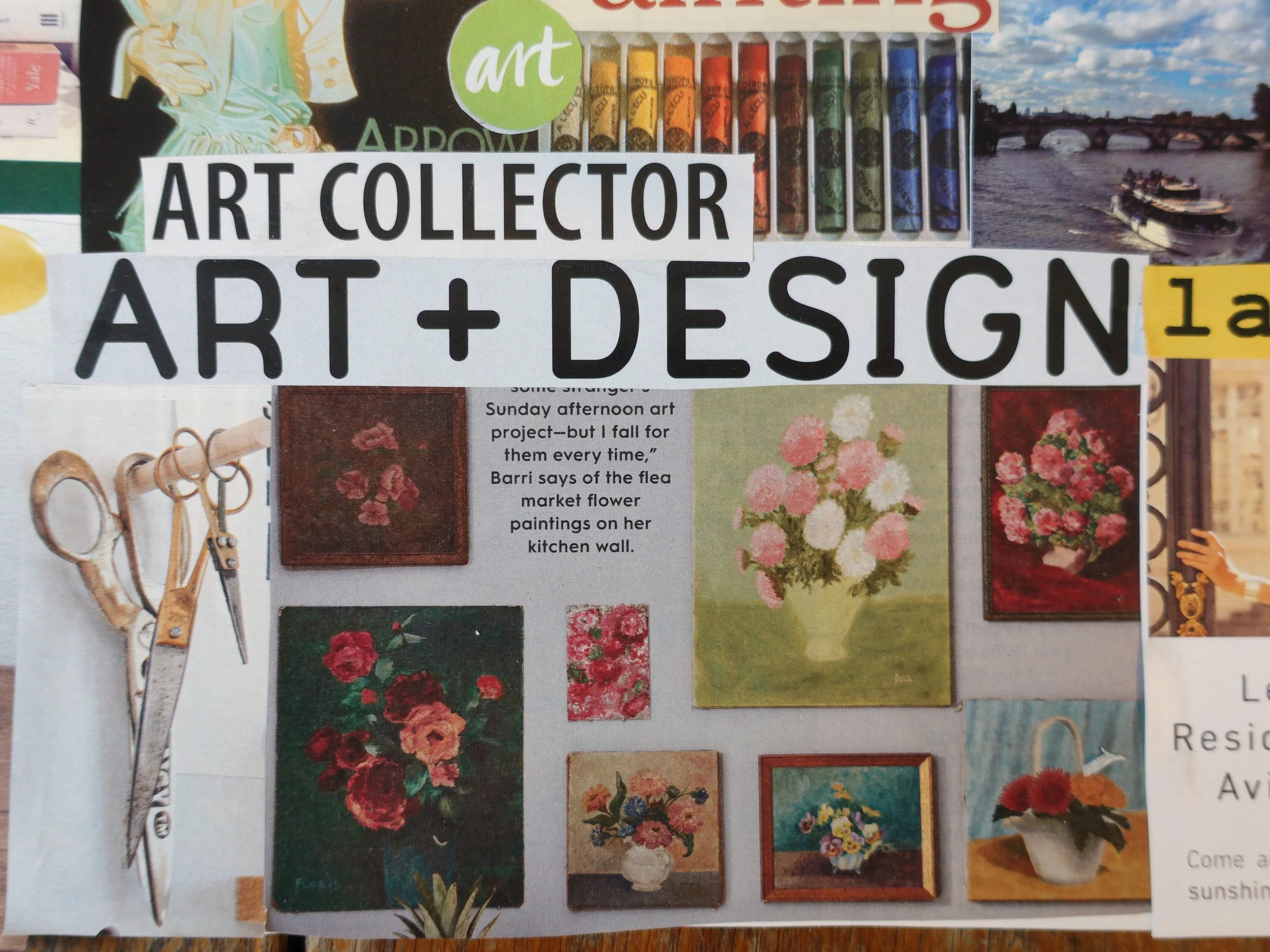 A collage of images with paintings of flowers, a set of scissors, a picture of a bridge over a river, and a hand holding a set of keys, overlaid with bold text reading 'Art Collector Art + Design' and other smaller text.