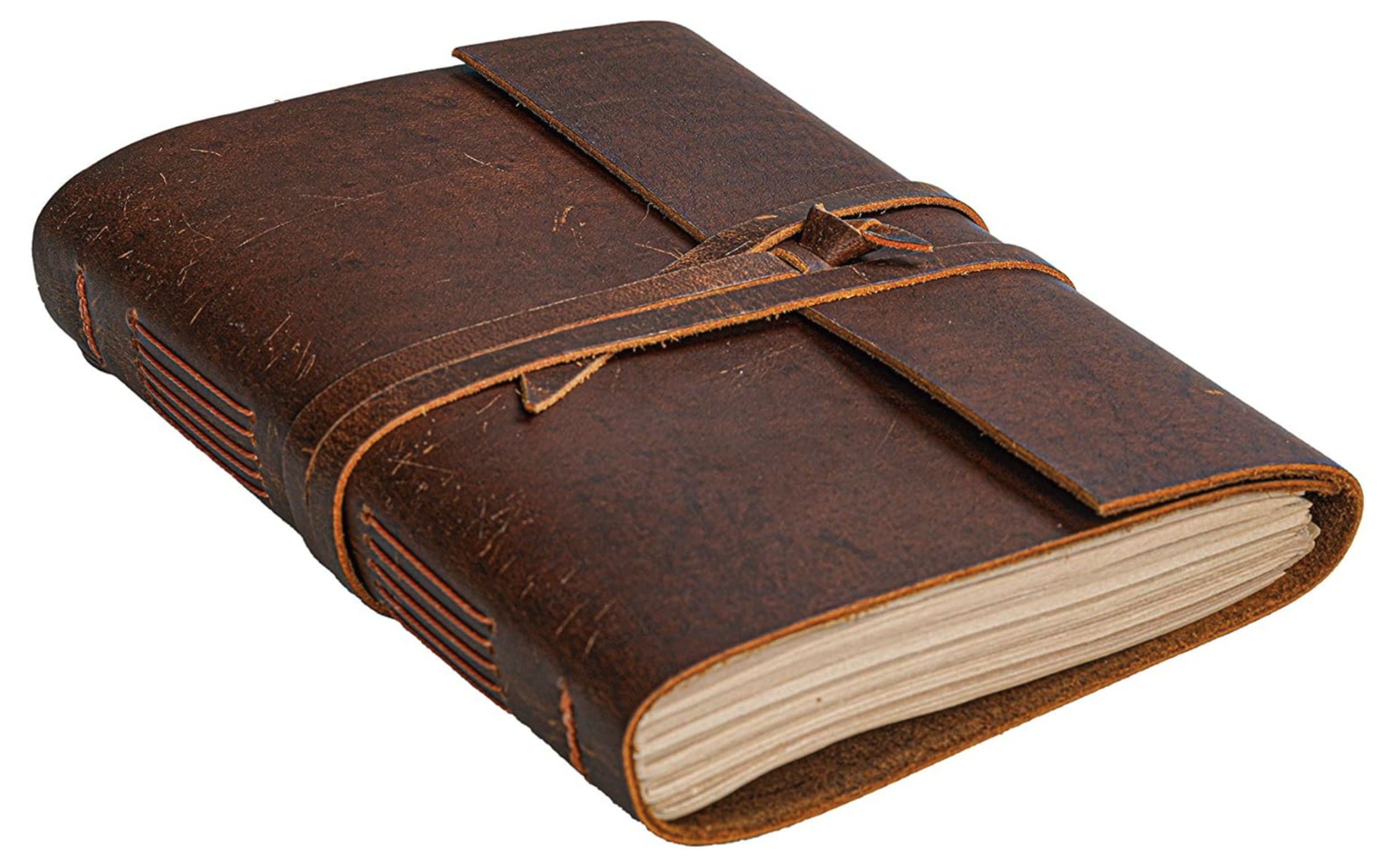 A leather-bound journal with a wraparound strap.