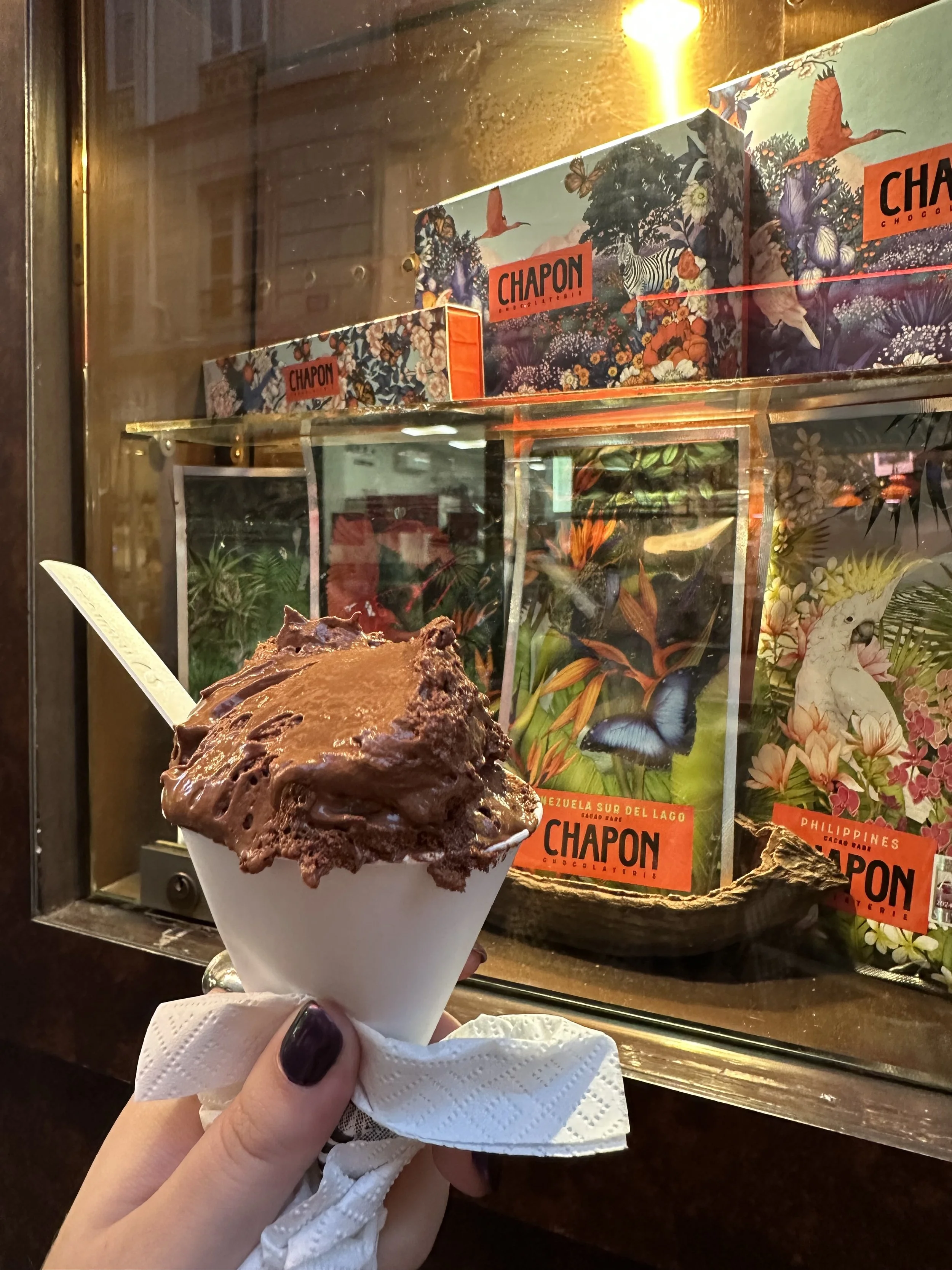 A person holding a cup of chocolate mousse  outside a store window displaying chocolate boxes with colorful butterfly and bird illustrations labeled 'CHAPON'.