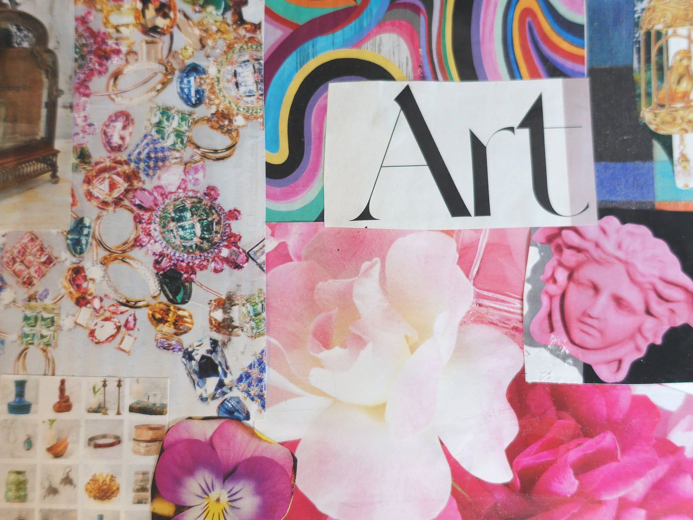 A collage featuring jewelry, a pink statue of Medusa, a pink flower, and abstract colorful artwork.