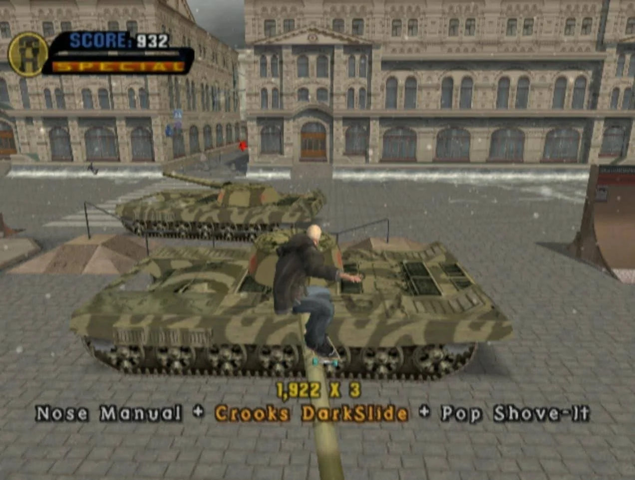 Video game screenshot of a man on a skateboard jumping over a tank.