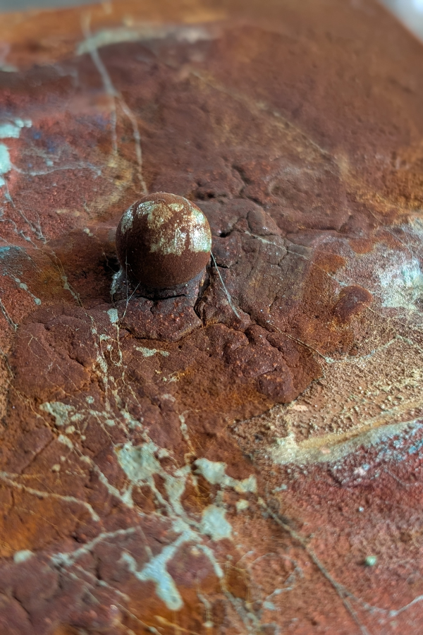 Nahaufnahme von einem rostigen Nagel kopfüber in einer rostigen Metalloberfläche, die von Rost, Staub und Spinnweben bedeckt ist.