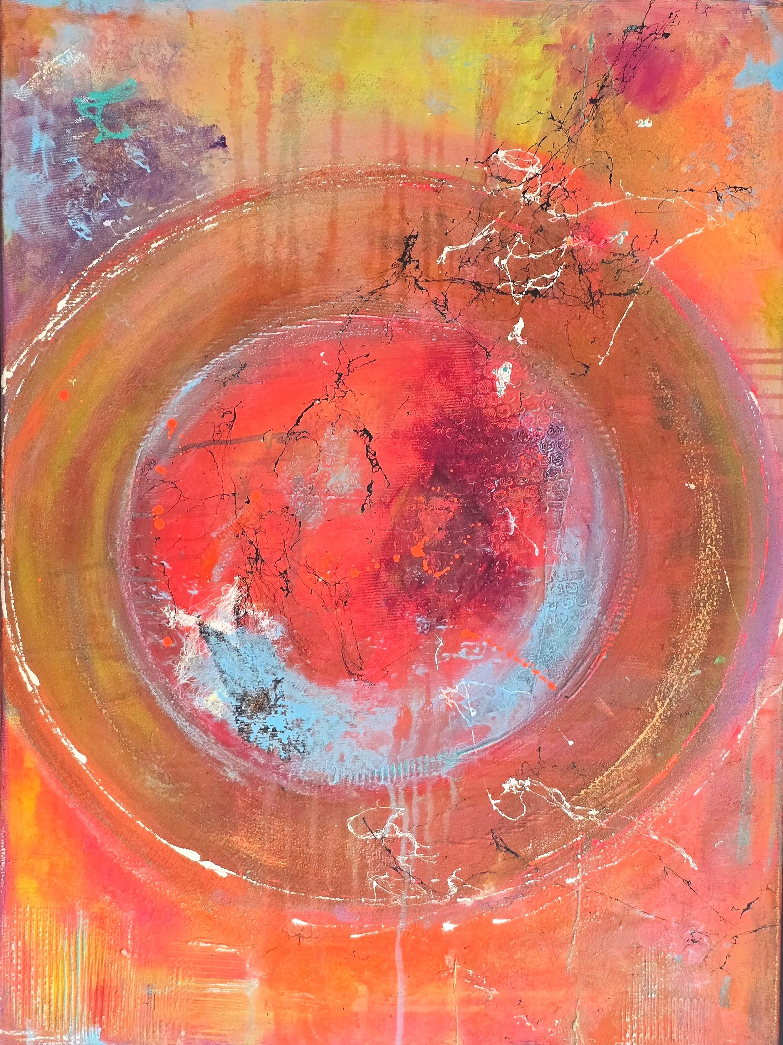 Circle Wonders / 60 x 80 cm Leinwand / Schattenfugenrahmen Schwarz-Gold / Strukturen / Acrylfarbe / Sprays / Rost