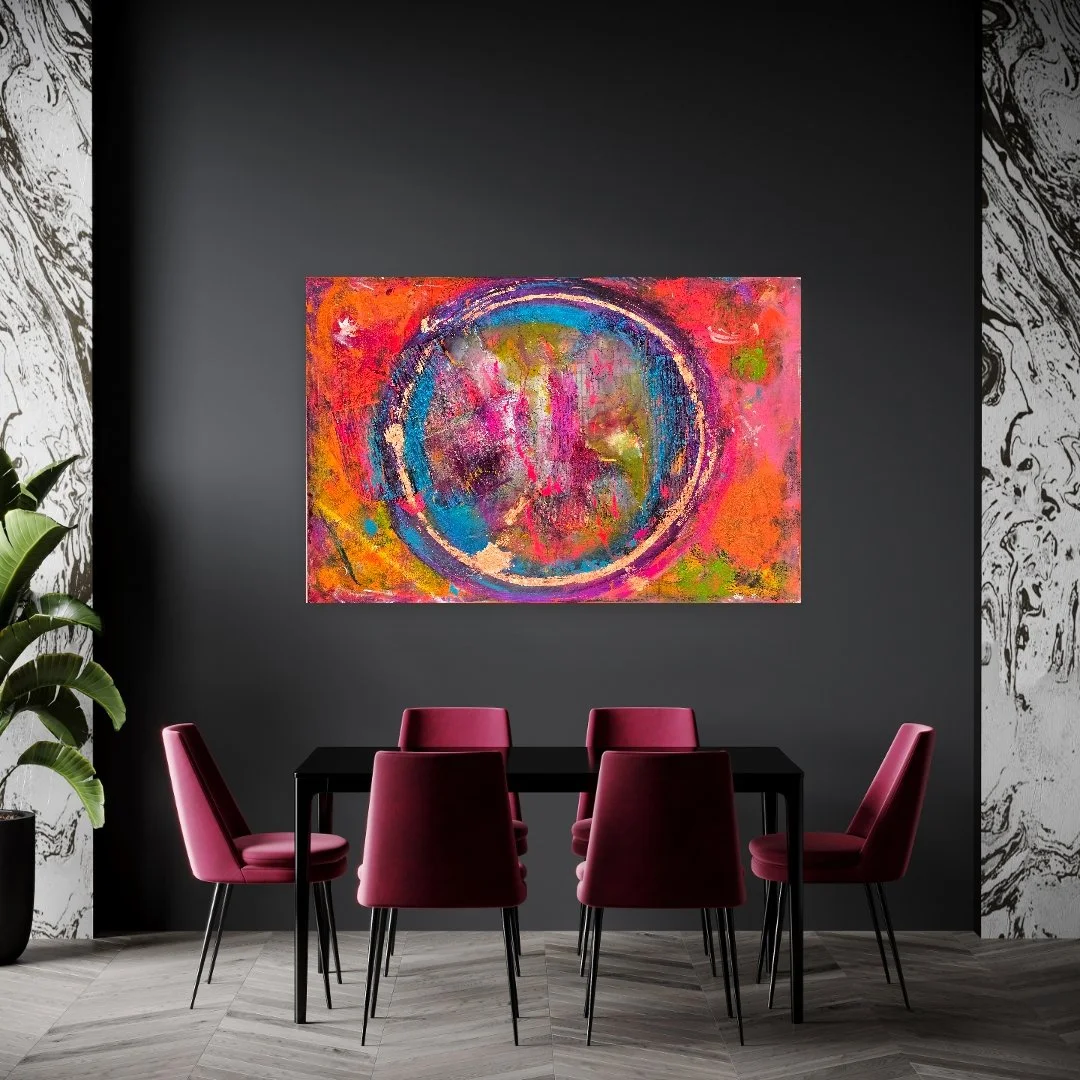 Circle "True Colors" / 150 x 100 cm / XL-Leinwand - 4,5 cm Tiefe / Strukturen / Pigmente / Acrylfarbe / Kupferflocken / Raumansicht 