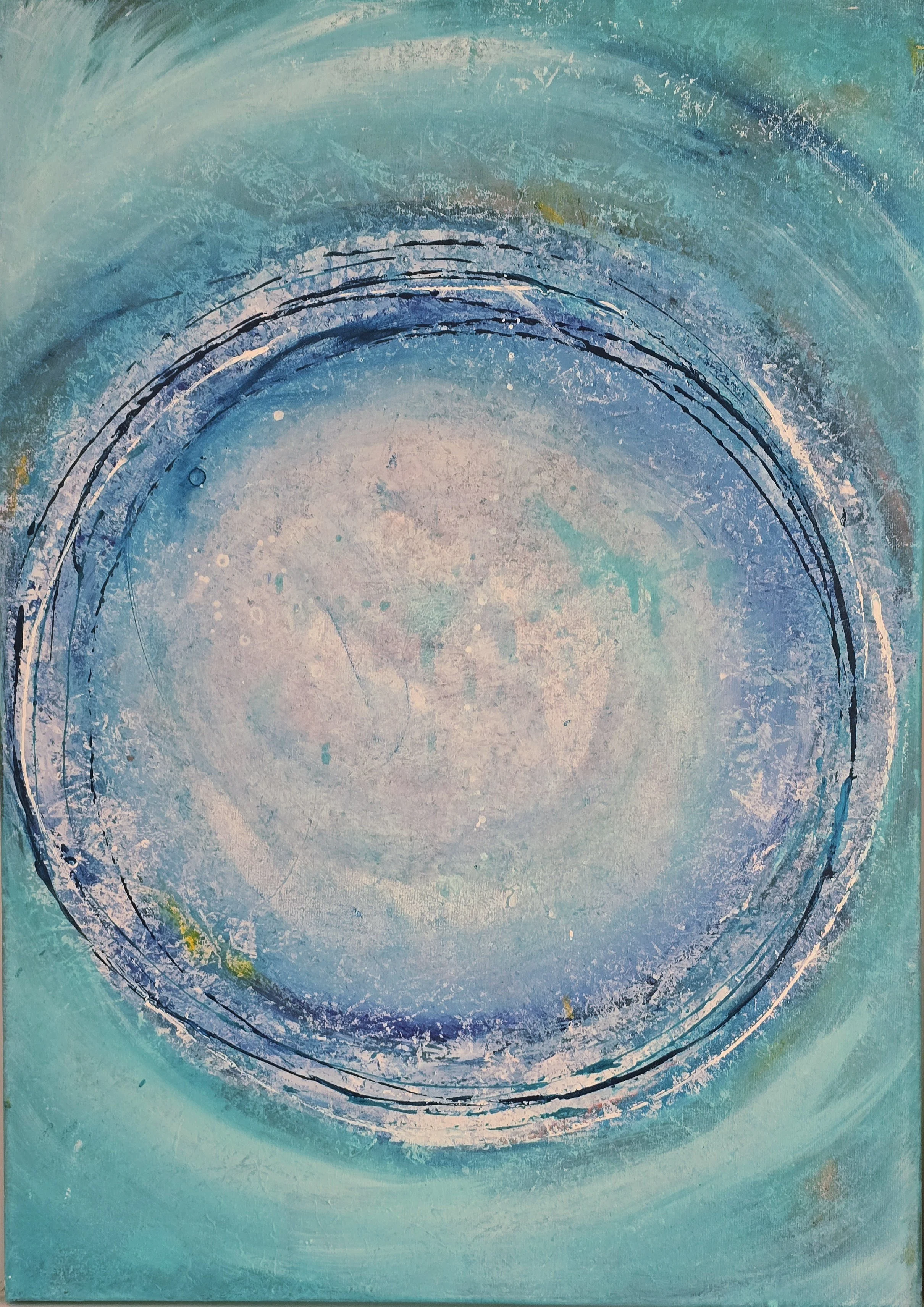 Circle Into The Blue / 50 x 70 cm Leinwand / Schattenfugenrahmen Weiß / Strukturen / Acrylfarbe / Pigmente / Sprays 