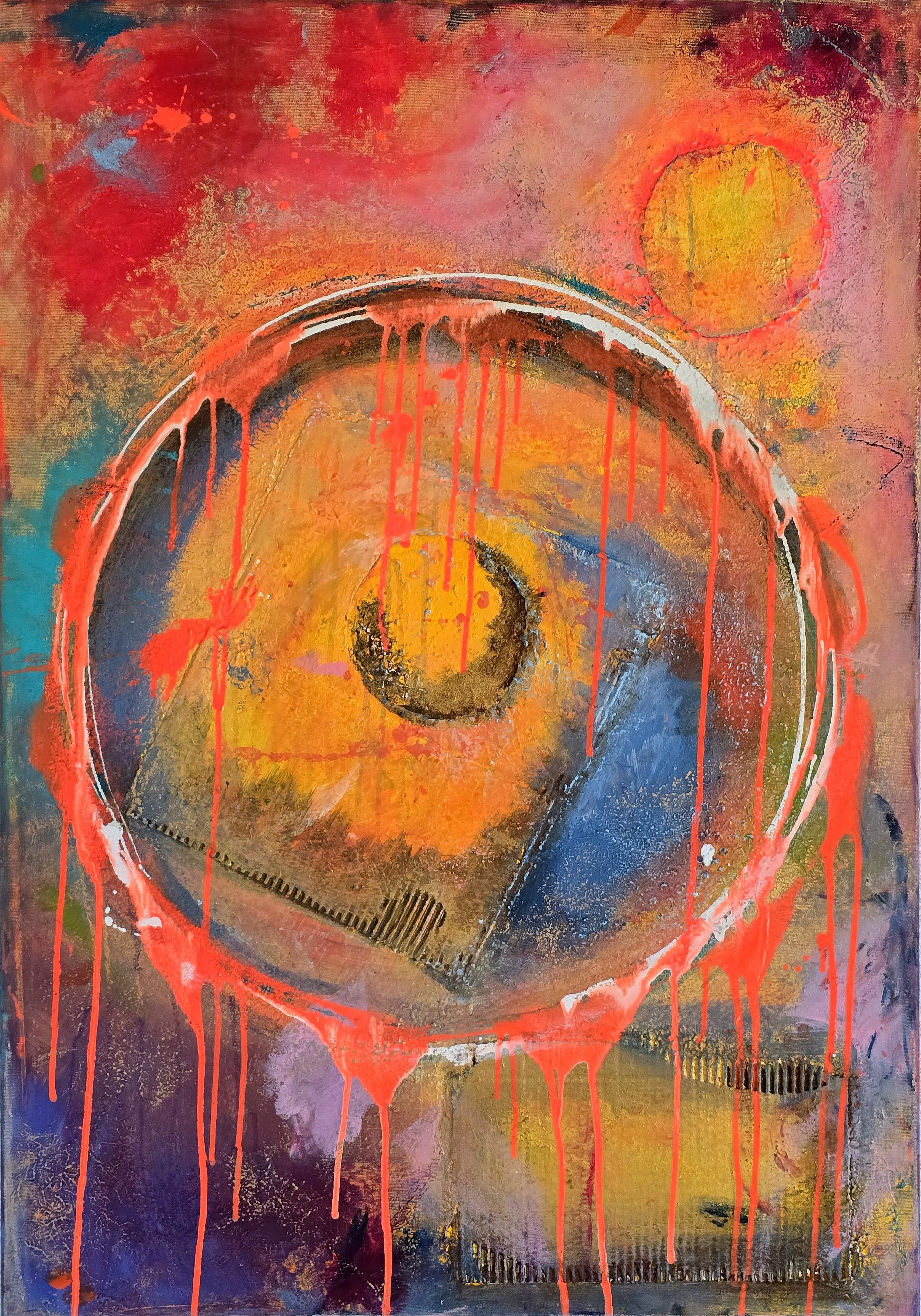 Circle Nr. 8 Nucleus / 70 x 100 cm Leinwand / Strukturen / Acrylfarbe (fluoreszierend) / Sprays