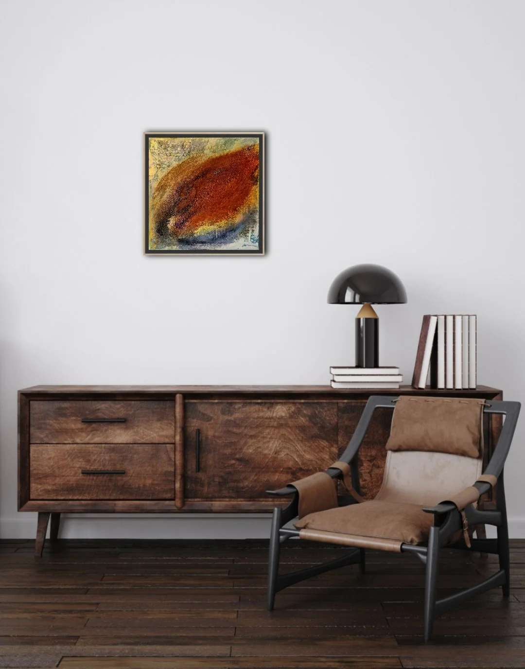 Mut und Intuition II / 40 x 40 cm Leinwand / Schattenfugenrahmen Schwarz-Gold /  Raumansicht