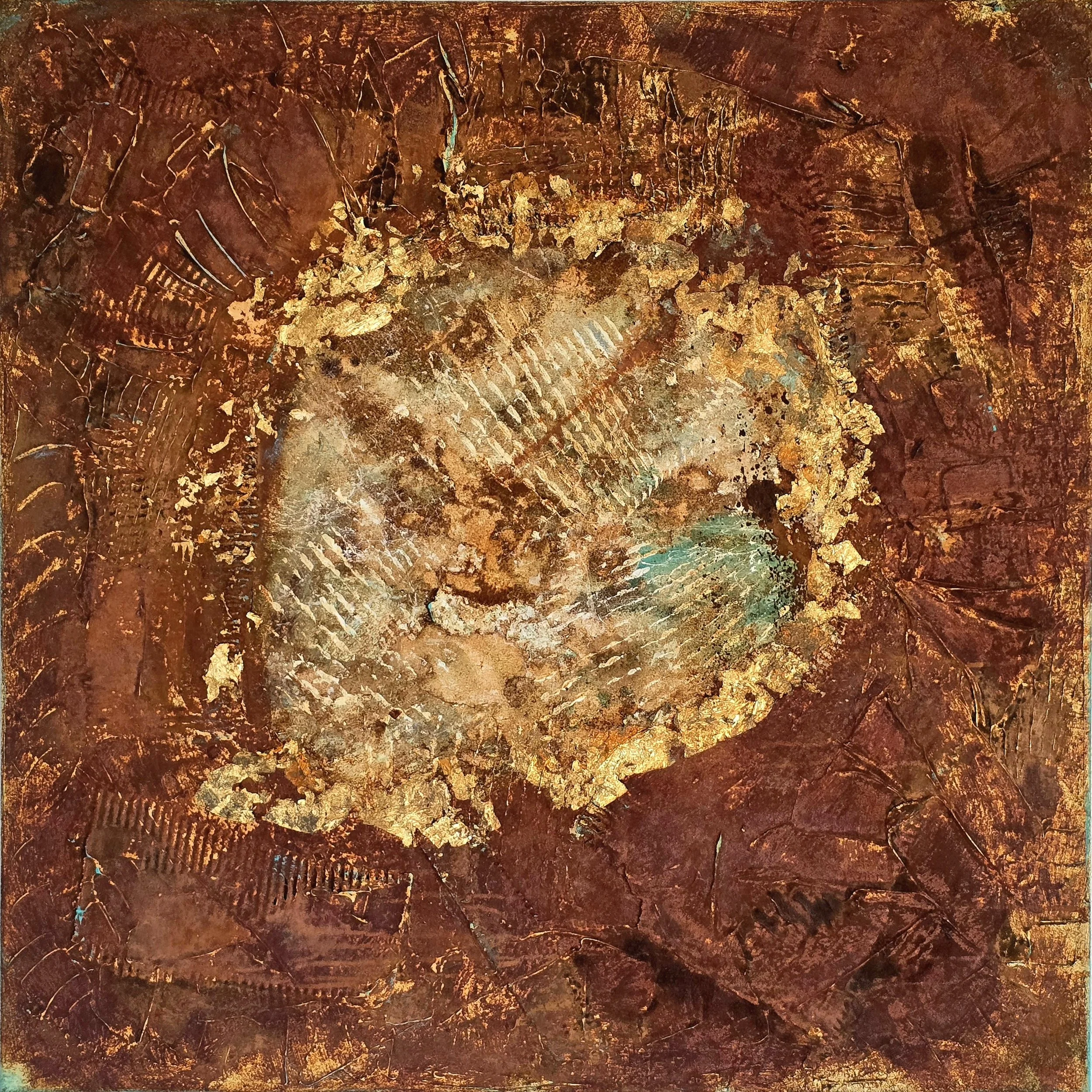 Pfuhl des Eisenhans / 80 x 80 cm / Leinwand / Strukturen / Acrylfarbe / Schlagmetall (Gold) / Rost