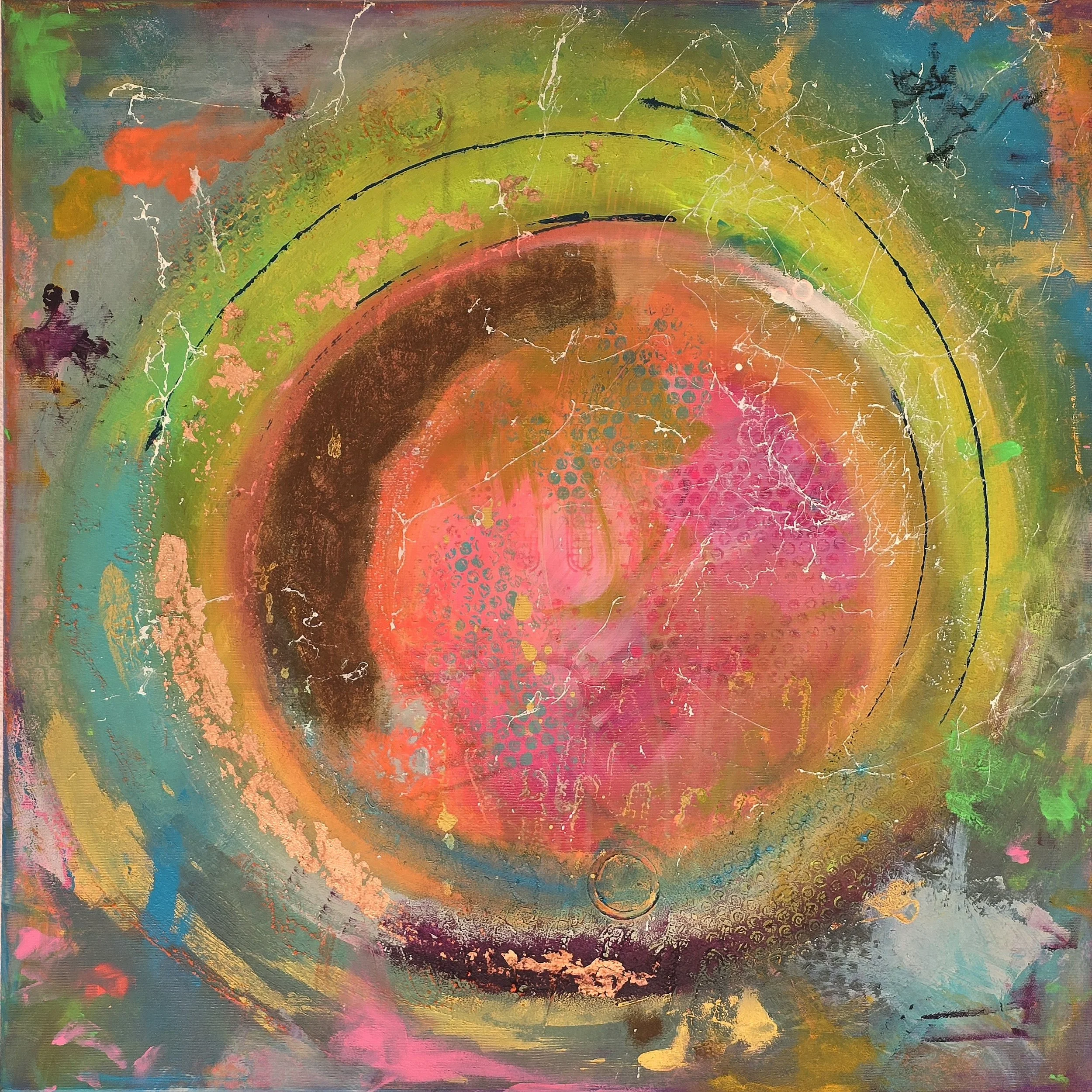 Circle Supernova / 80 x 80 cm Leinwand (4,5 cm Tiefe) / Strukturen / Acrylfarbe / Sprays / Schlagmetall (Kupfer) / Rost
