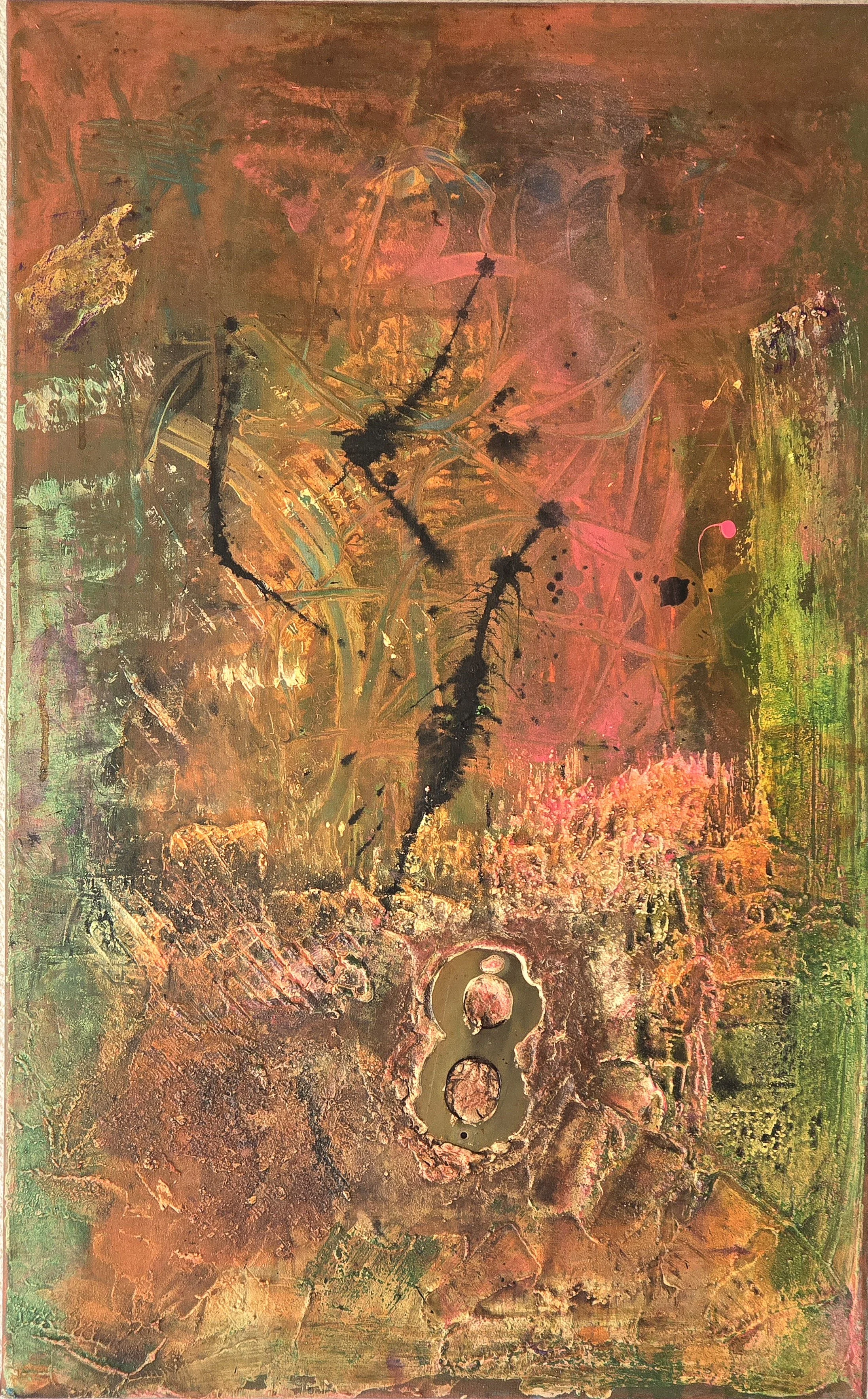 Collage mit Ziffer 8 / 50 x 80 cm Leinwand / Strukturen / Acrylfarbe / Sprays / Rost