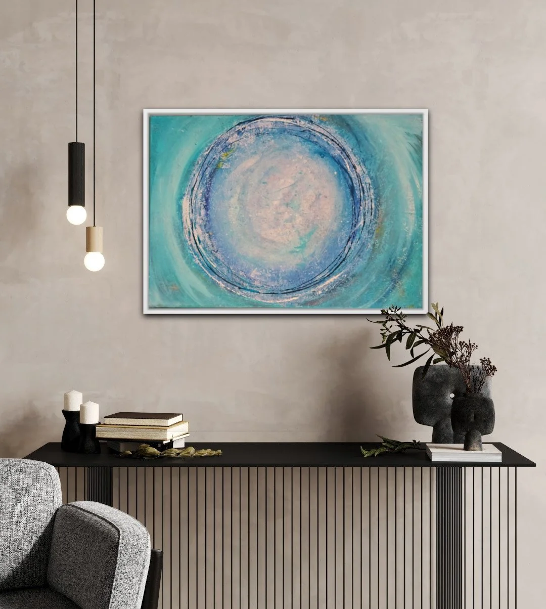 Circle Into The Blue / 50 x 70 cm Leinwand / Schattenfugenrahmen Weiß / Raumansicht