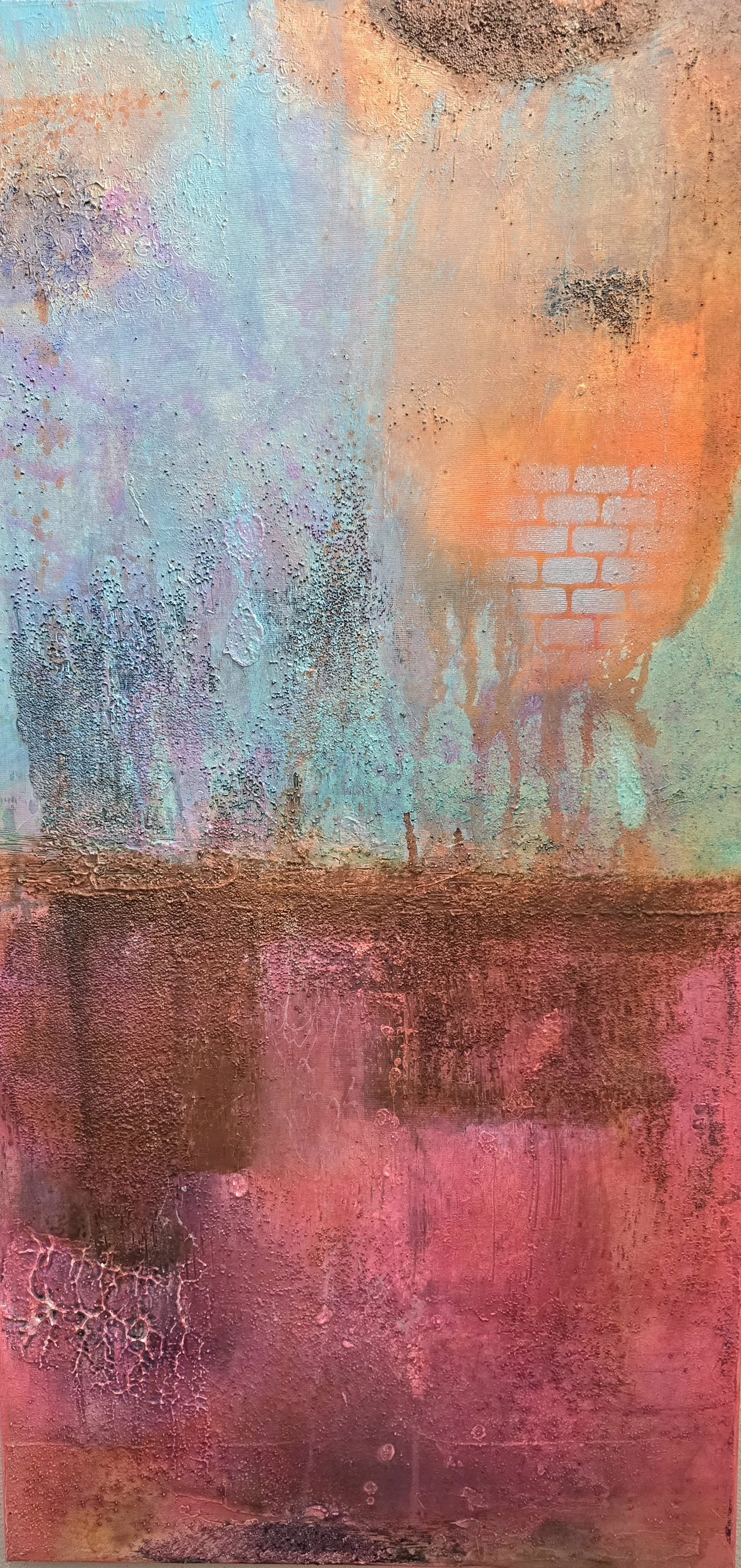 Neon mit Rost  / 50 x 100 cm Ulmer Holzmalgrund / Strukturen / Acrylfarbe / Sprays / Rost 