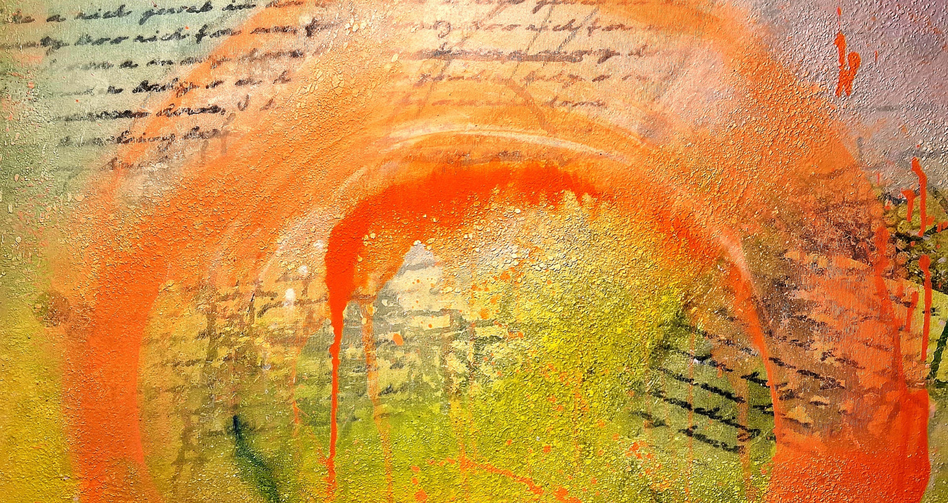 Kunstwerk mit Orange-, Gelb- und Grüntönen, inspiriert von Musik und Schrift, mit Tropfen und Farbverläufen.