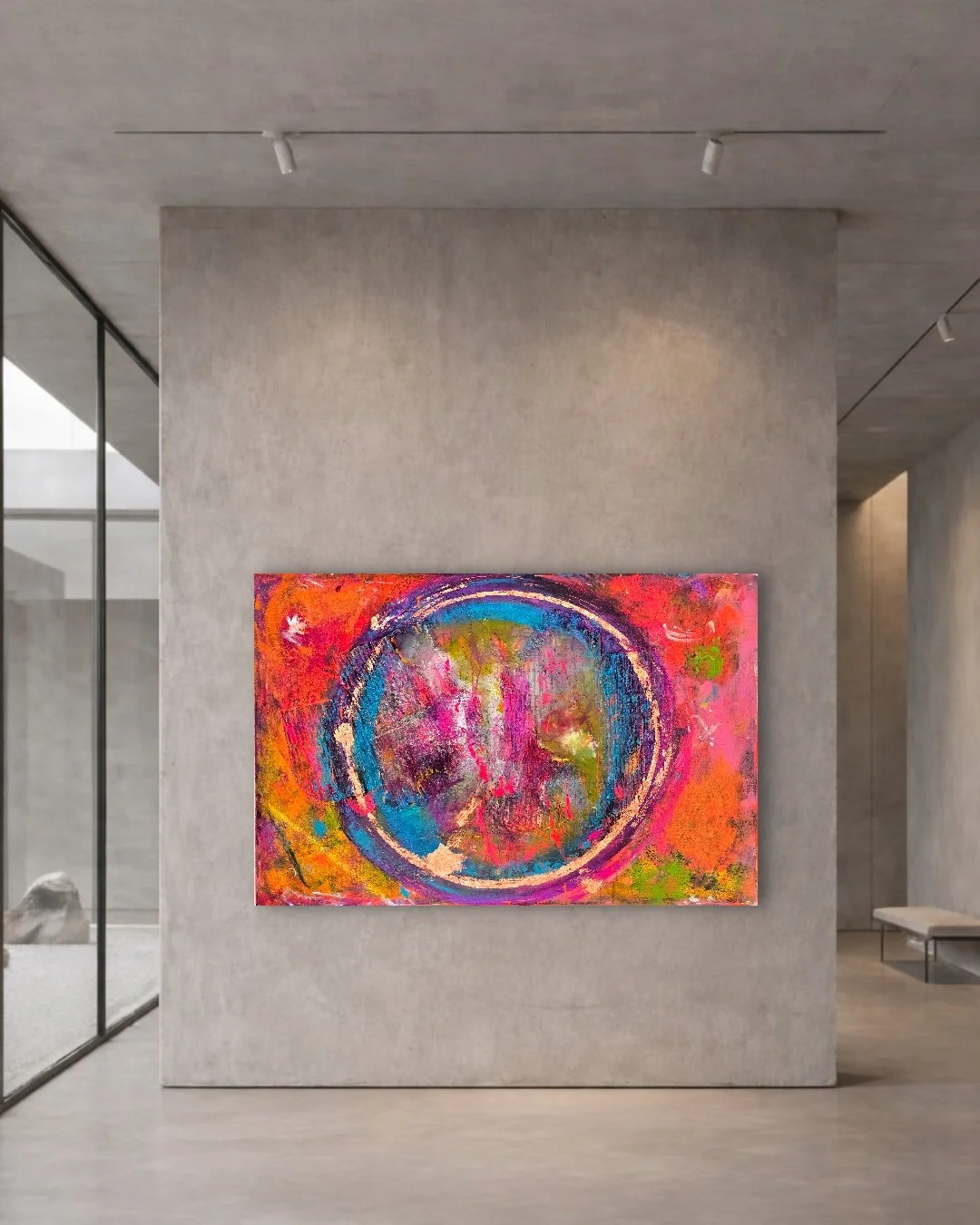 Circle "True Colors" / 150 x 100 cm / XL-Leinwand - 4,5 cm Tiefe / Strukturen / Pigmente / Acrylfarbe / Kupferflocken / Raumansicht 