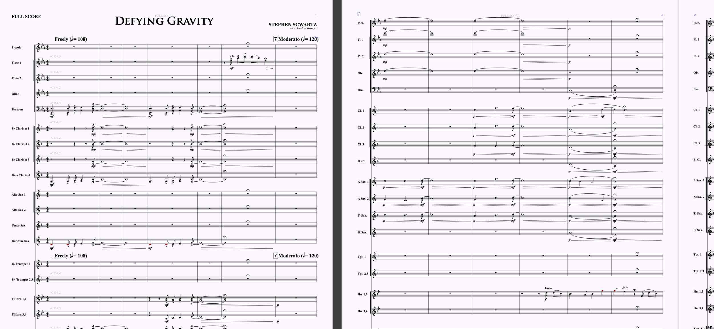 Screenshot of a full orchestral sheet music titled "Defying Gravity" by Stephen Schwartz, arranged by Jordan Barker. The composition includes multiple instrumental parts such as flutes, clarinets, saxophones, trumpets, horns, and others, with various musical notes and markings.
