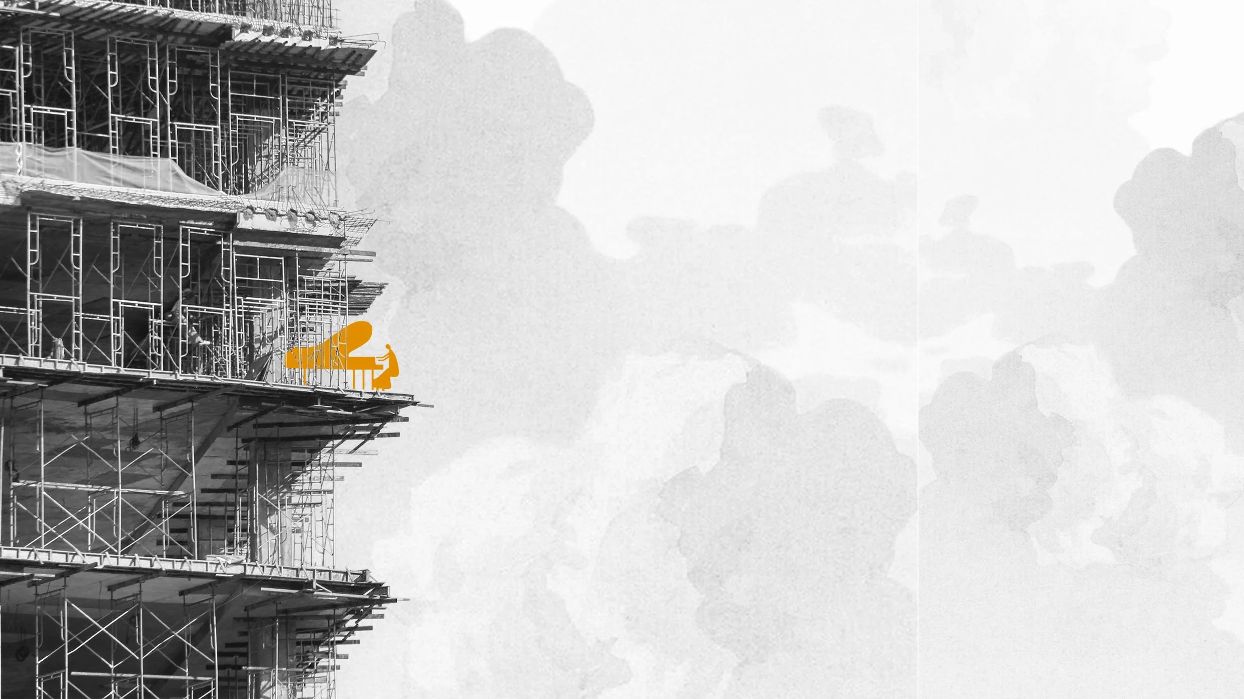 Group of construction workers standing on a newly poured concrete slab at a building site, with an ongoing foundation and electrical wiring in the background, in an urban area.