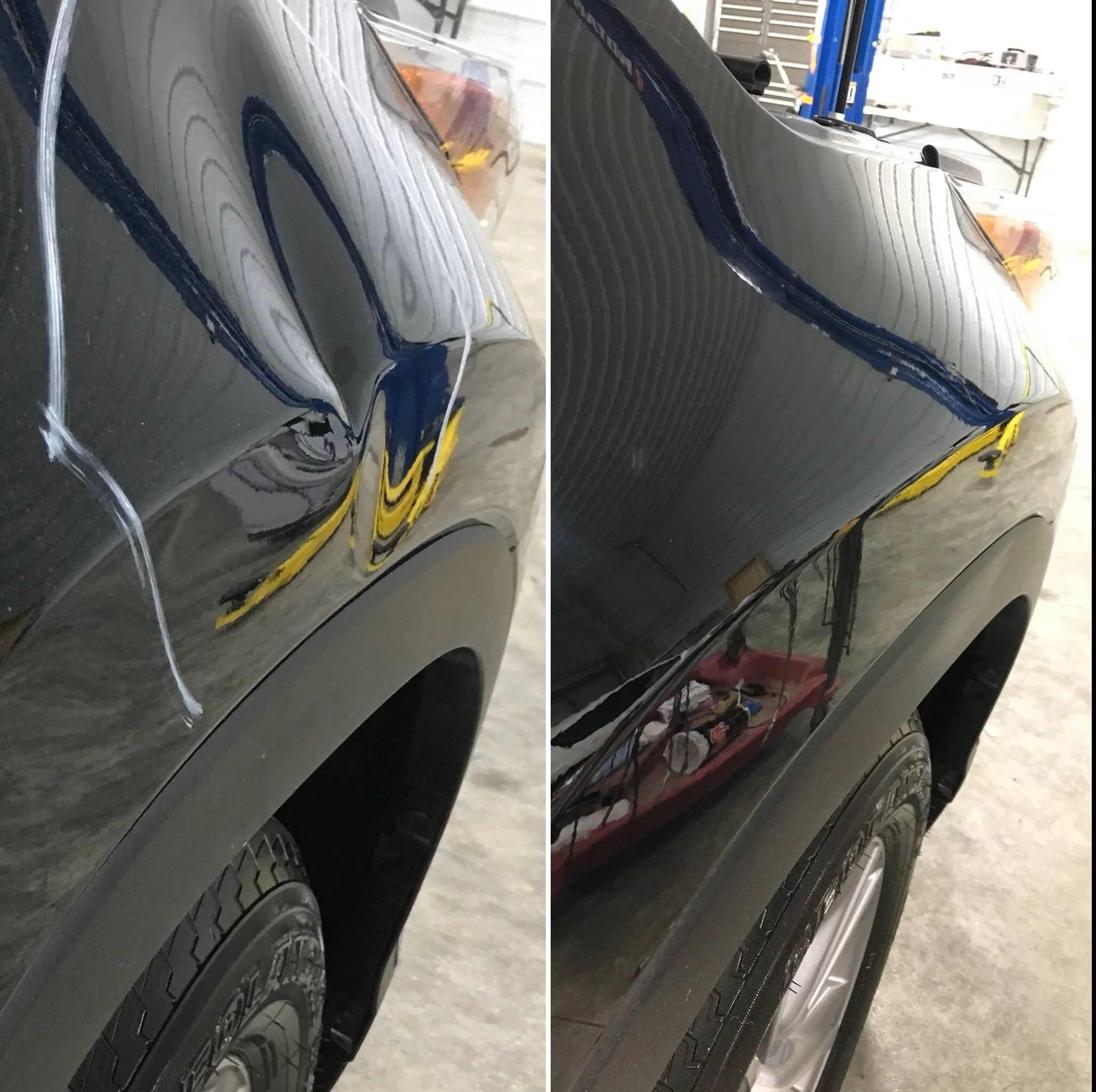 Close-up of a black SUV showing a large dent on the front left fender, with reflections of nearby objects on the shiny surface.