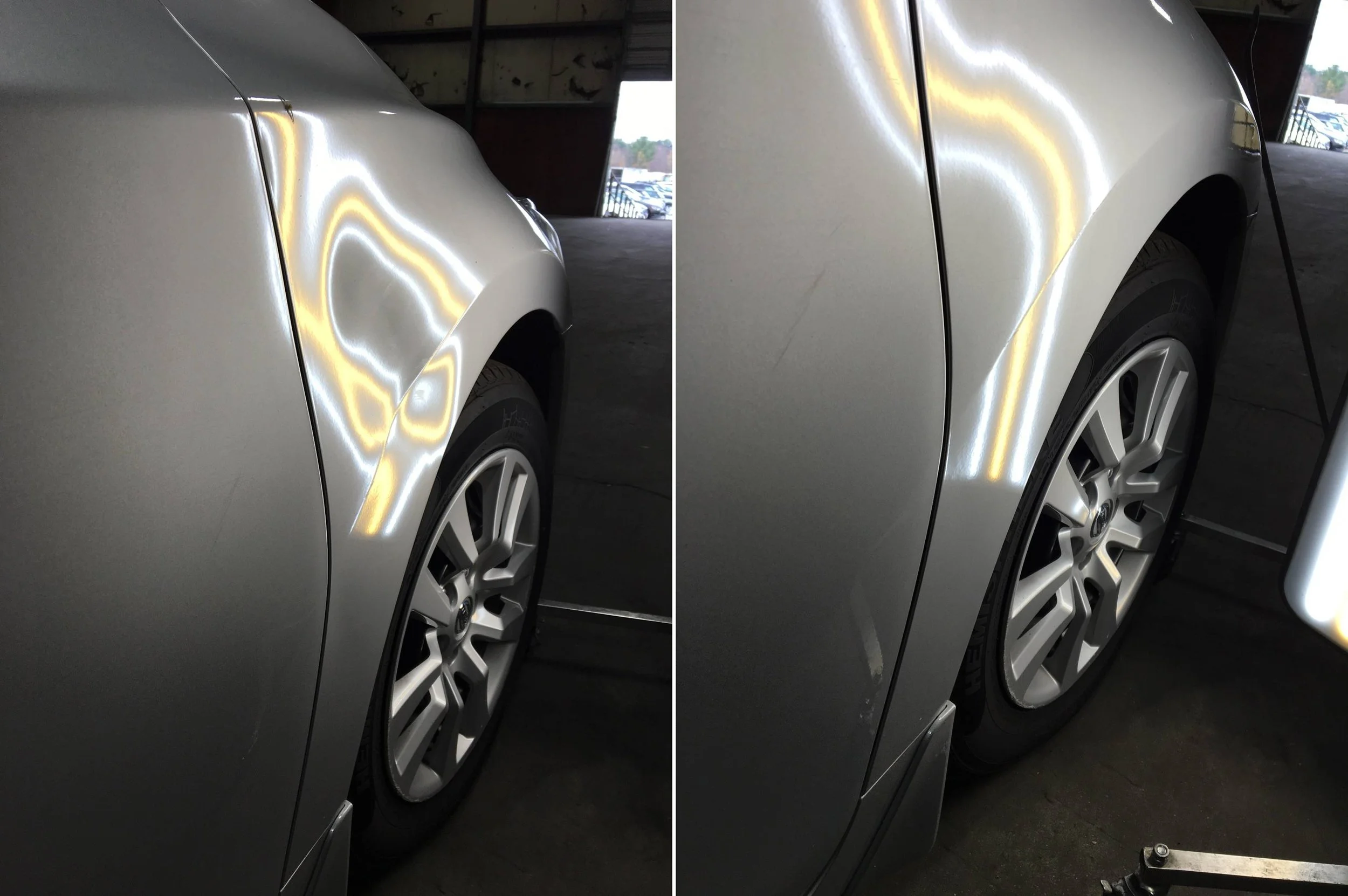 Comparing the front fender and wheel area of a silver car, showing minor scratches on the fender.