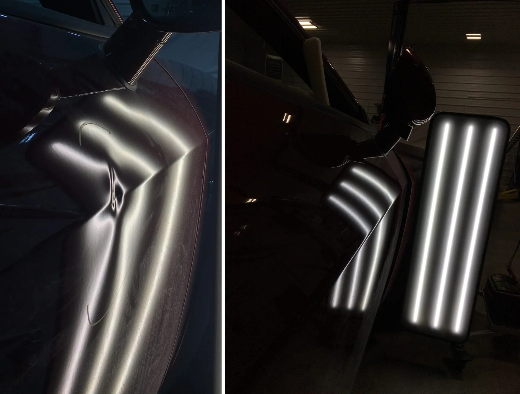 Close-up of a black car with reflections of bright fluorescent lights on its shiny surface, inside a dimly lit garage or workshop.