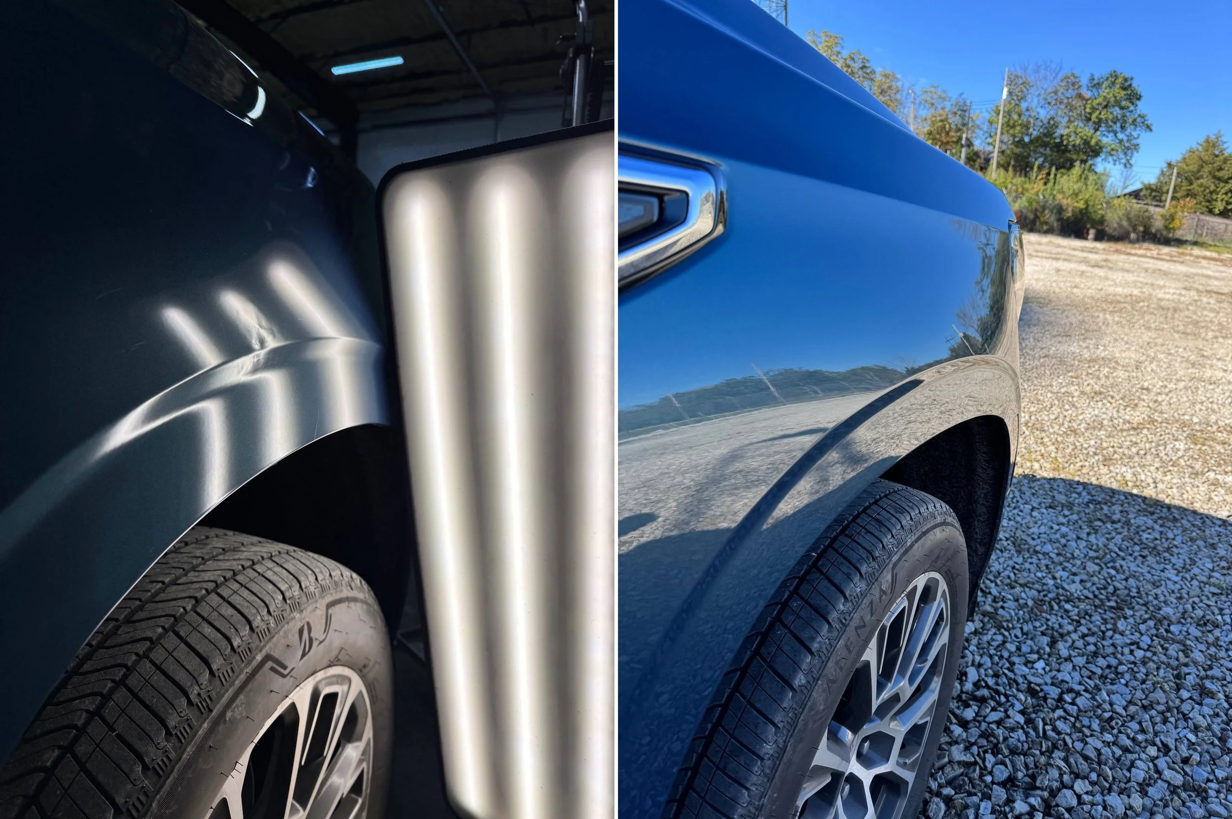 Side-by-side comparison of two blue vehicles. The left image shows a close-up of the wheel and fender of a blue truck, including part of the wheel well and reflective light. The right image depicts the side of a blue pickup truck, parked on gravel, reflecting the clear blue sky and surrounding trees.