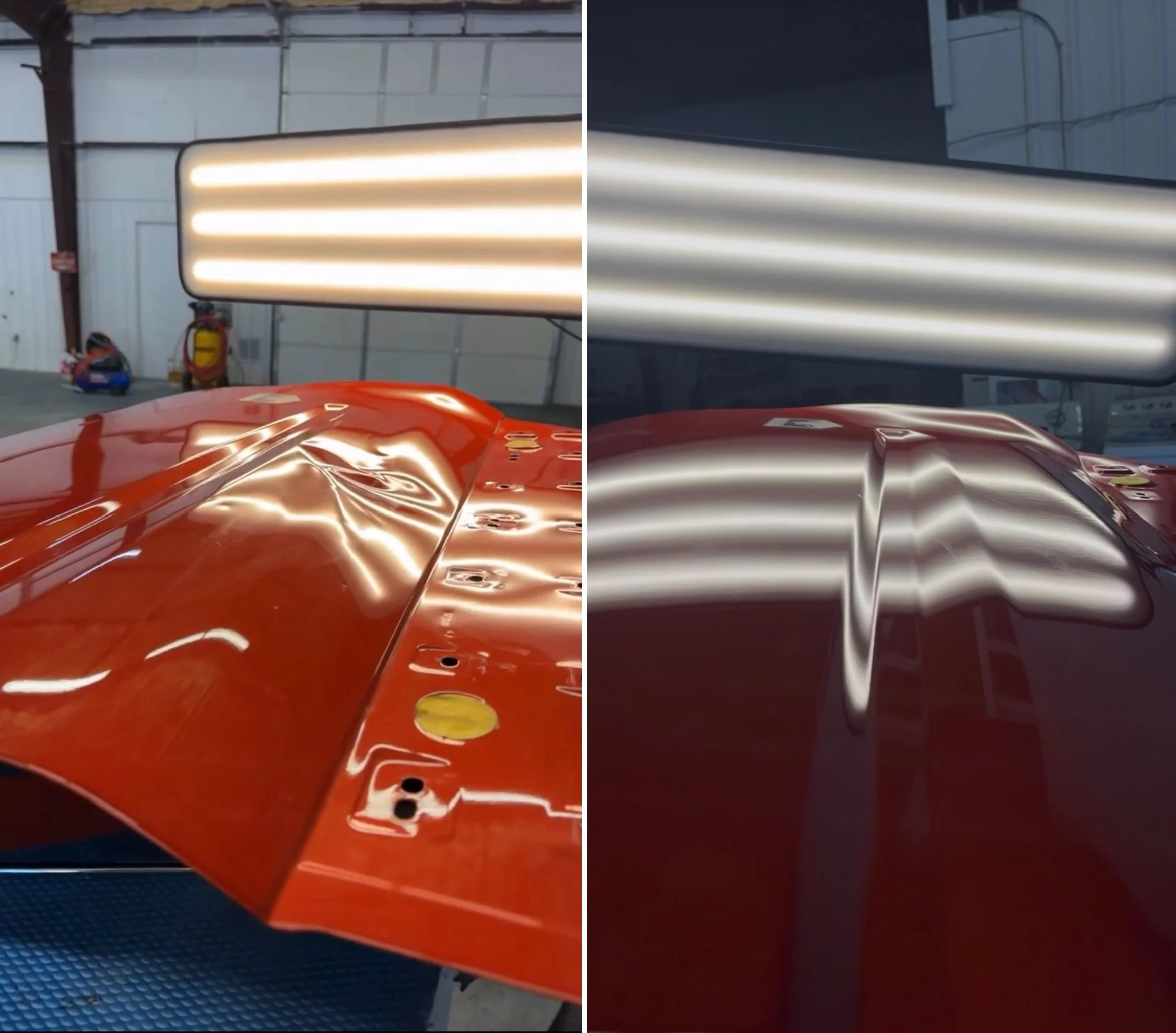 Comparison of a red car hood before and after damage repair, with the left side showing a dented hood and the right side showing the smooth, repaired surface.