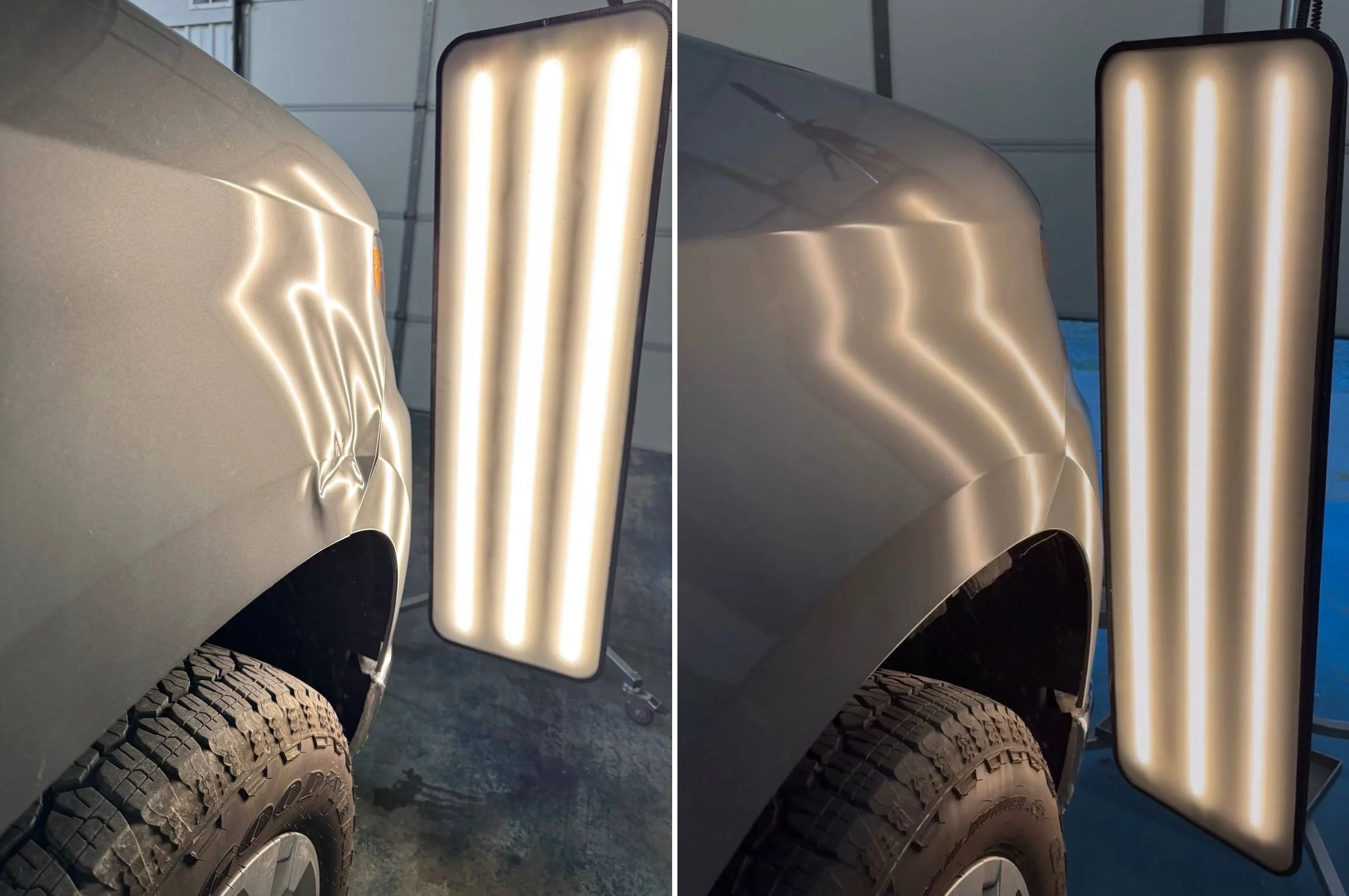 Close-up of a silver vehicle's front fender with a dent, and an illuminated rectangular panel nearby.