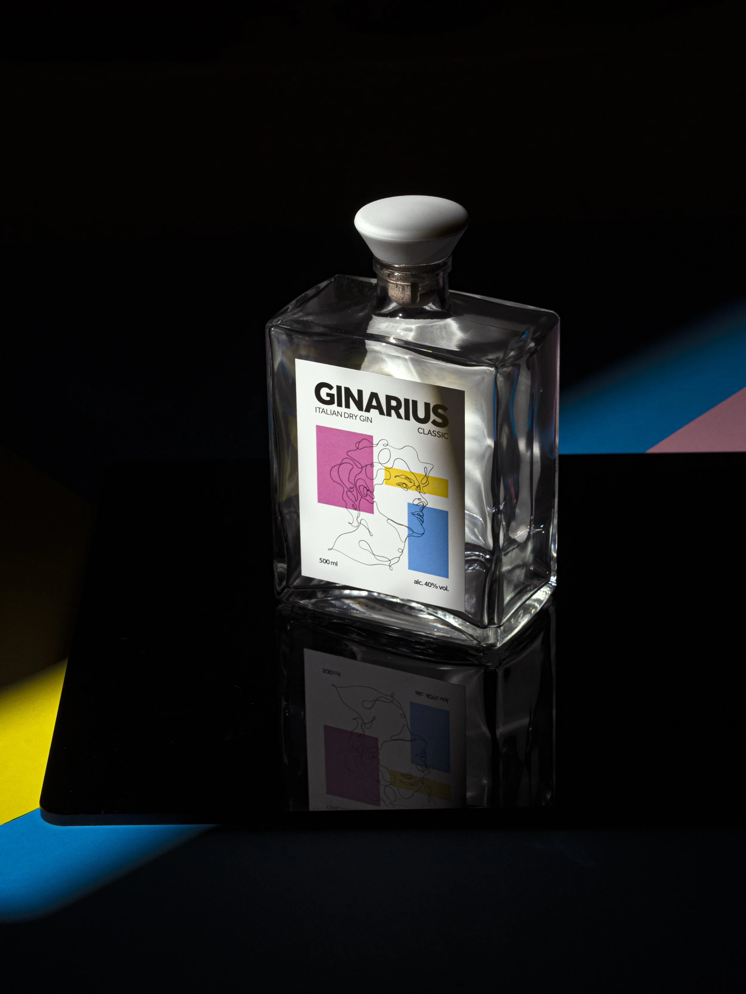 Bottiglia di gin GINARIUS con etichetta colorata e design lineare, posizionata su uno sfondo scuro con riflesso.