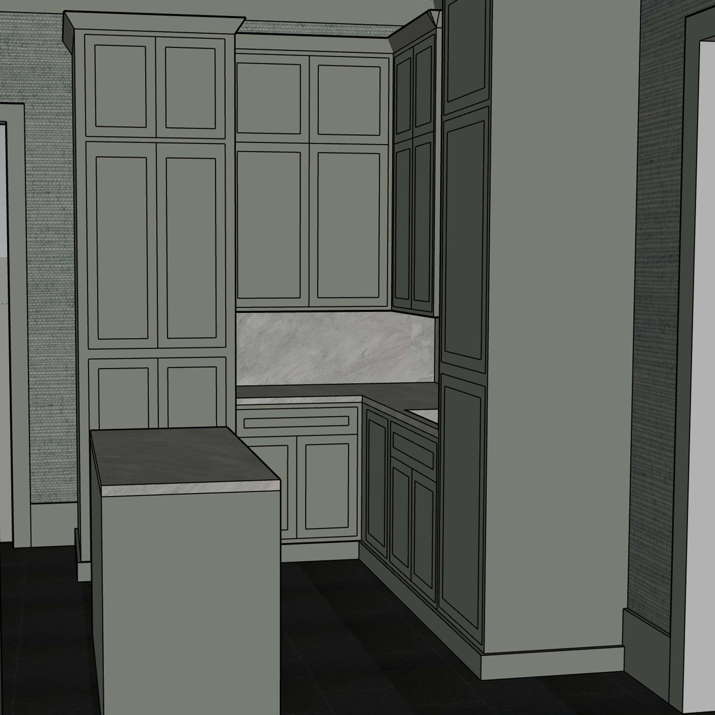 Sketch of a kitchen with gray cabinets, marble backsplash, and black flooring, featuring a small island.