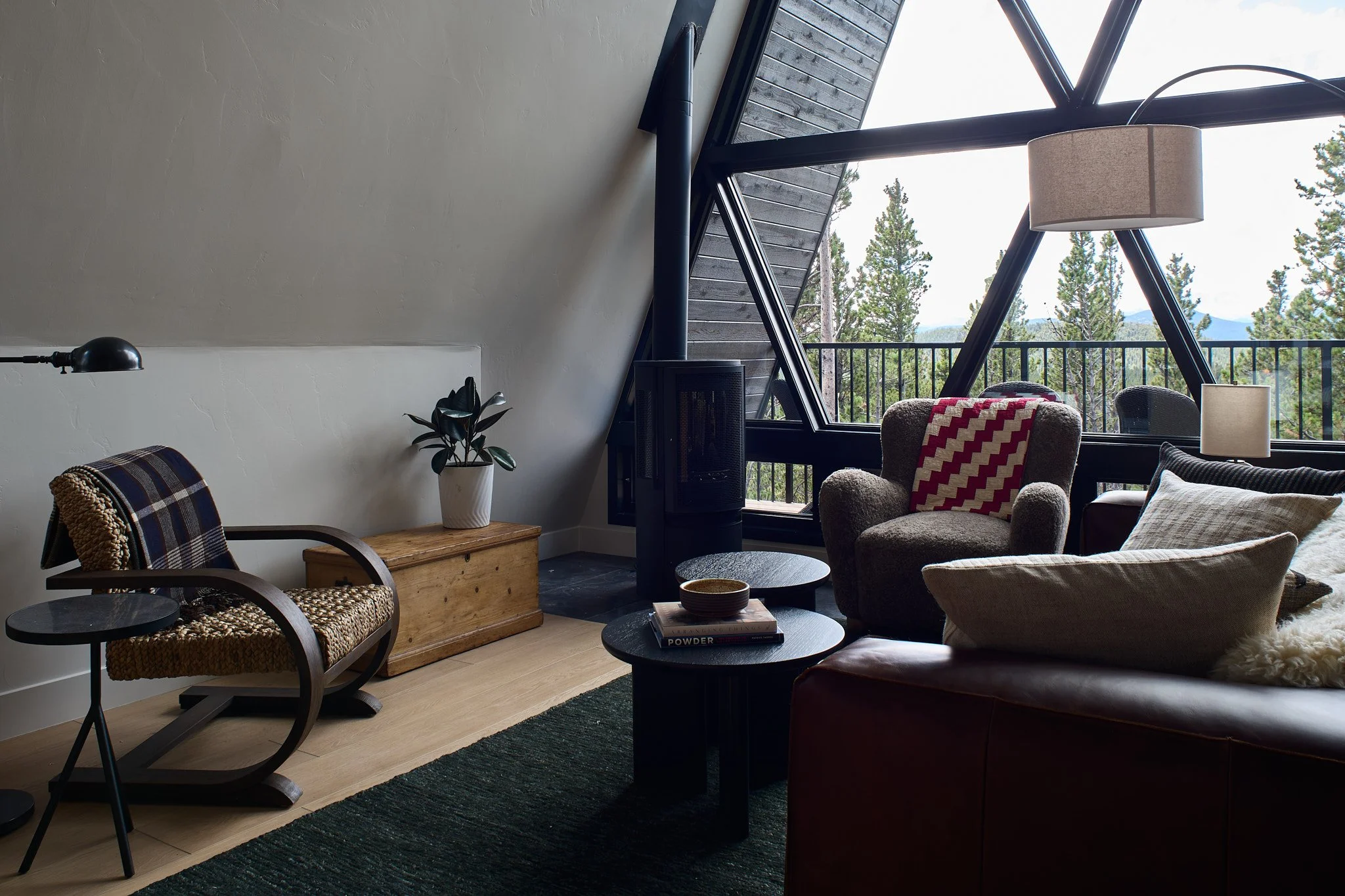 Custom A-Frame short-term rental designed by Sarah Hart Interior Design in Charleston, showcasing luxury interiors with white oak cabinetry, handmade ceramics, and fully custom furnishings.