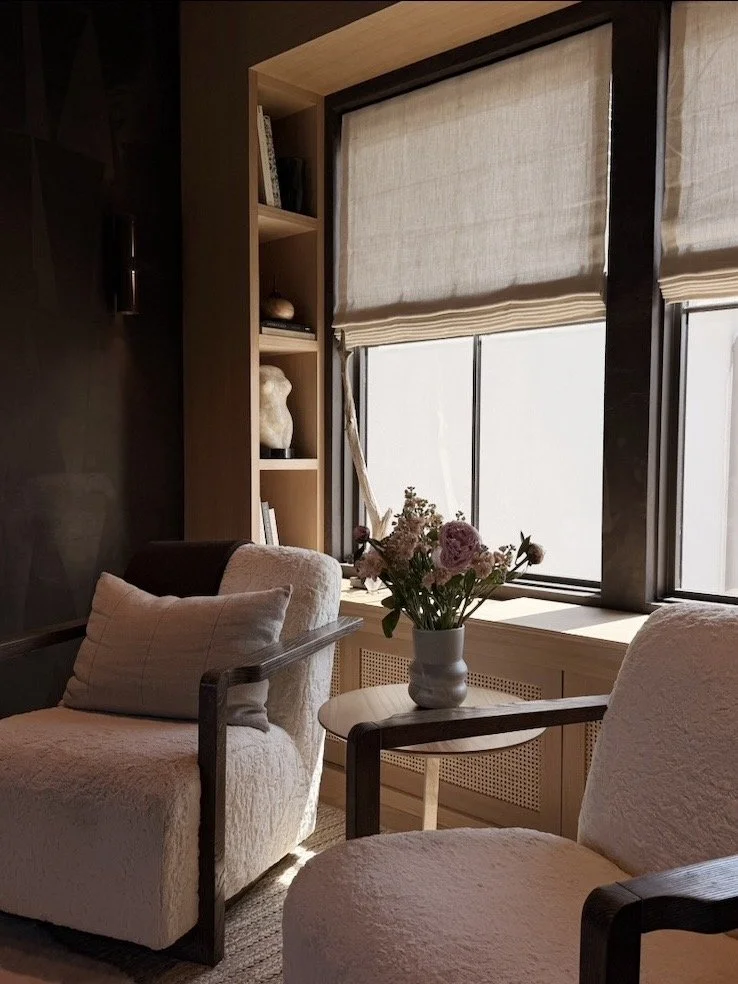 Sitting room project featuring custom roman shades, white oak built in custom cabinetry and styling by Denver interior designer Sarah Hart. Project located in Daniel Island, SC. 